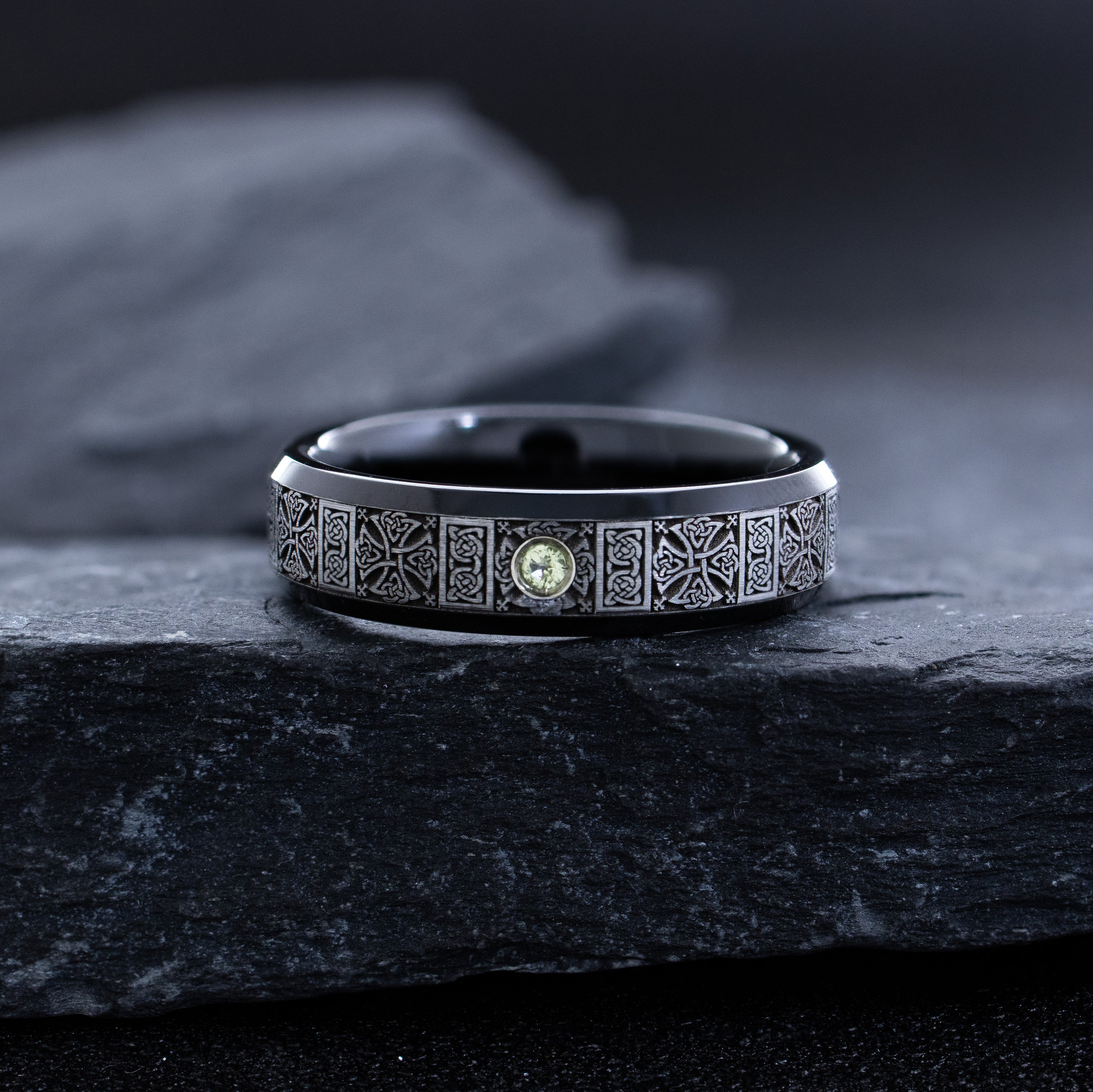 6mm Black Tungsten Carbide Ring with Round Cut Gemstone and Celtic Engravings - Image 3