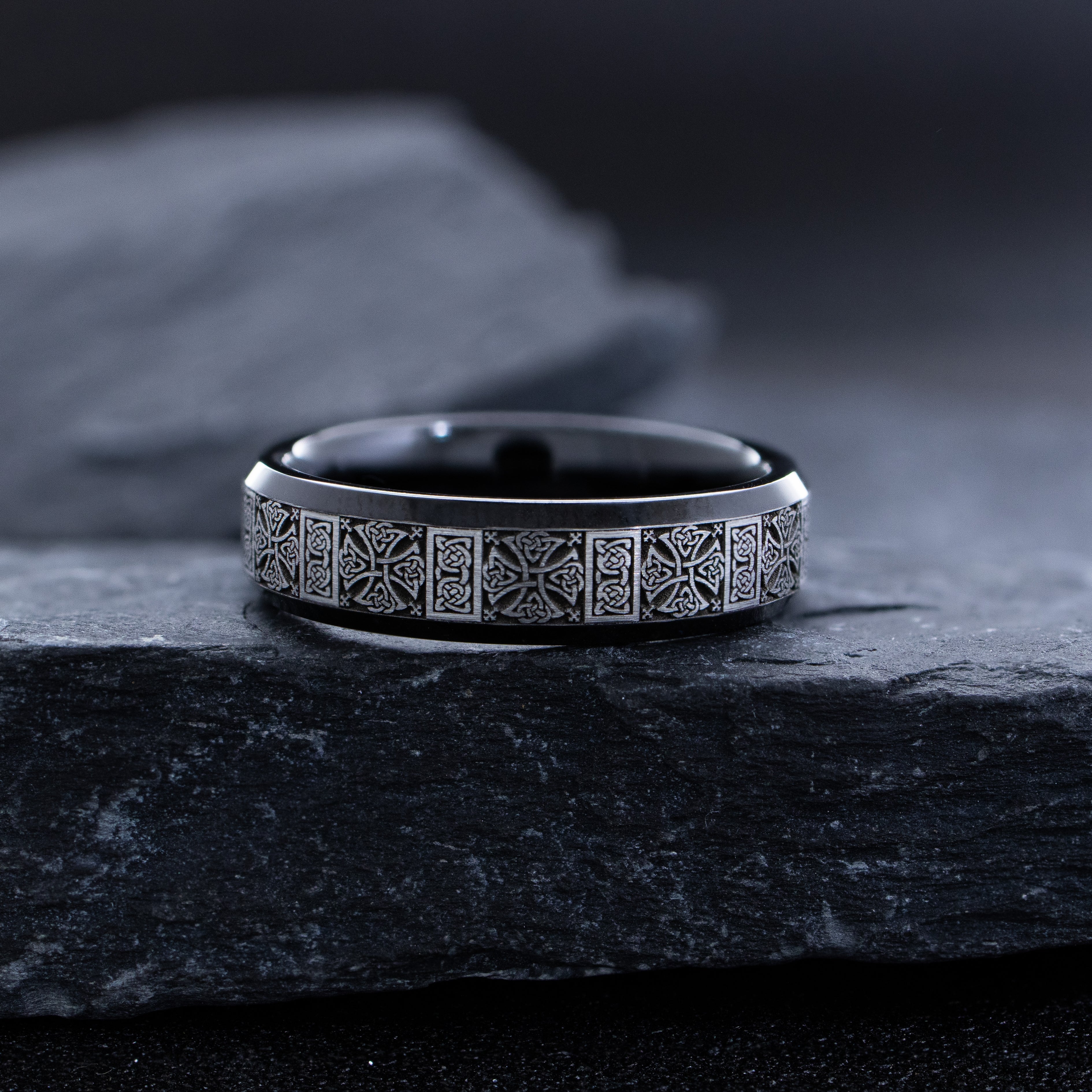 6mm Black Tungsten Carbide Ring with Round Cut Gemstone and Celtic Engravings - Image 4