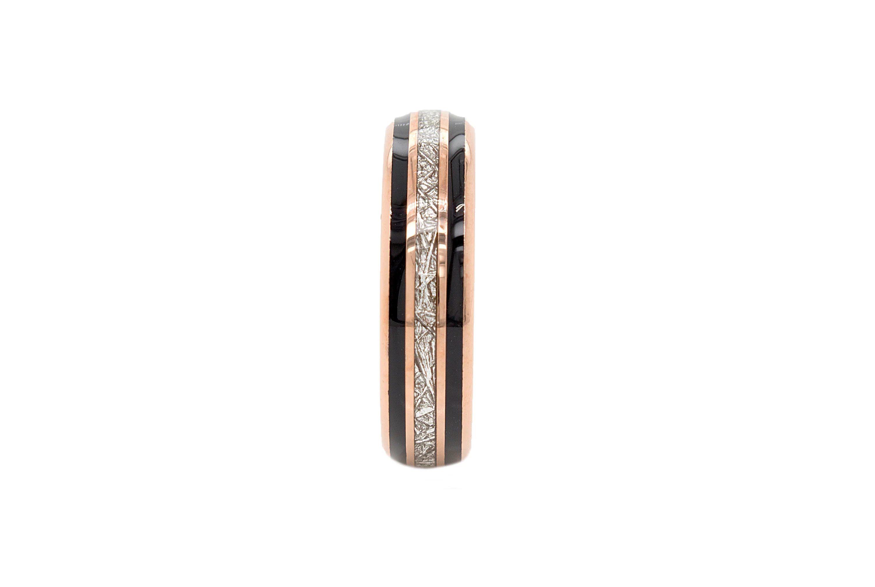 6mm Dome Shaped Rose Gold Tungsten with Meteorite Inlay and Double Black Enamel Lines - Image 3