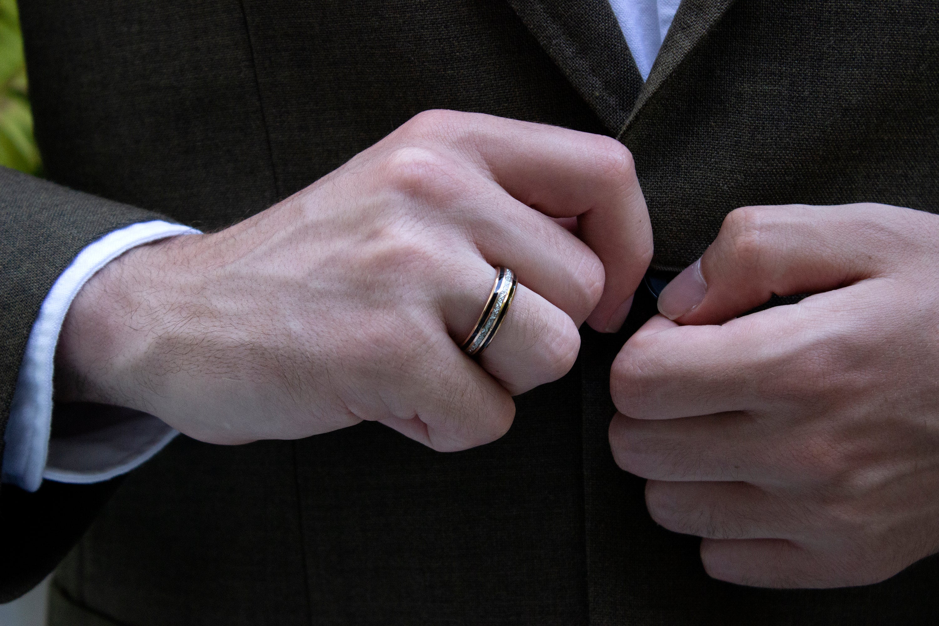 6mm Dome Shaped Rose Gold Tungsten with Meteorite Inlay and Double Black Enamel Lines - Image 4