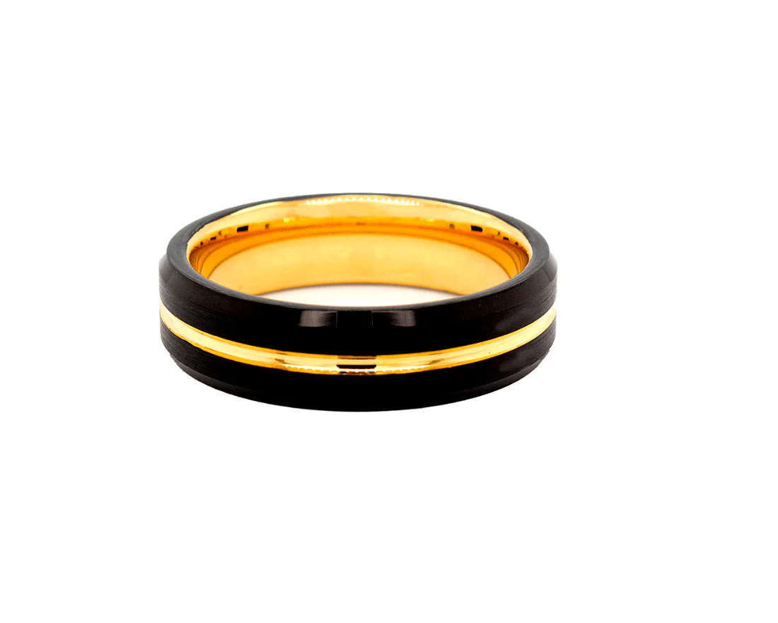 7mm Flat Shaped Black and Yellow Gold Tungsten Ring with Center Groove - Image 3