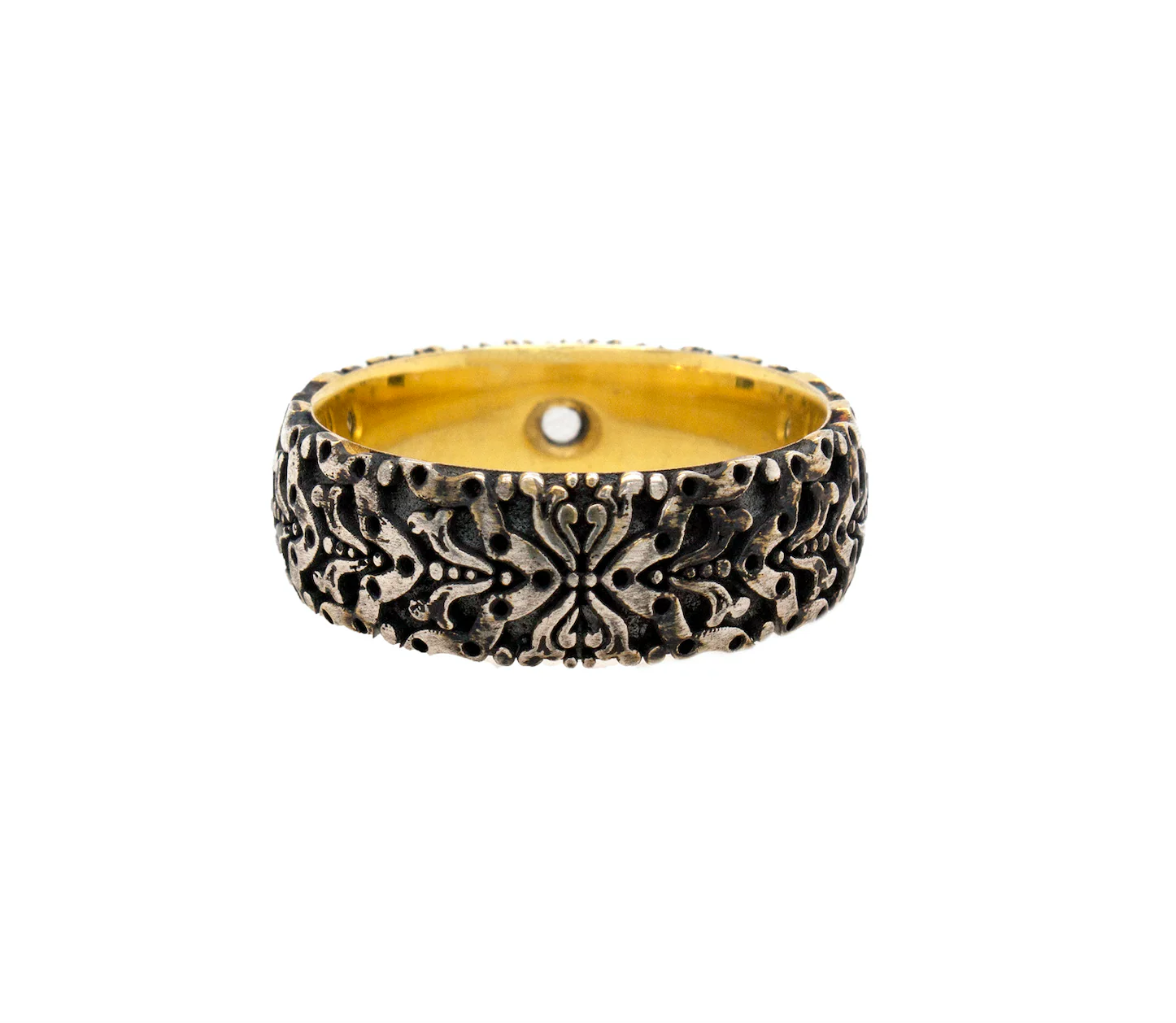 7mm Custom Made, Dome Shaped Silver Ring with Medieval Inspired Engravings, 2 Lion Heads and Center Round Shaped Diamond - Image 6