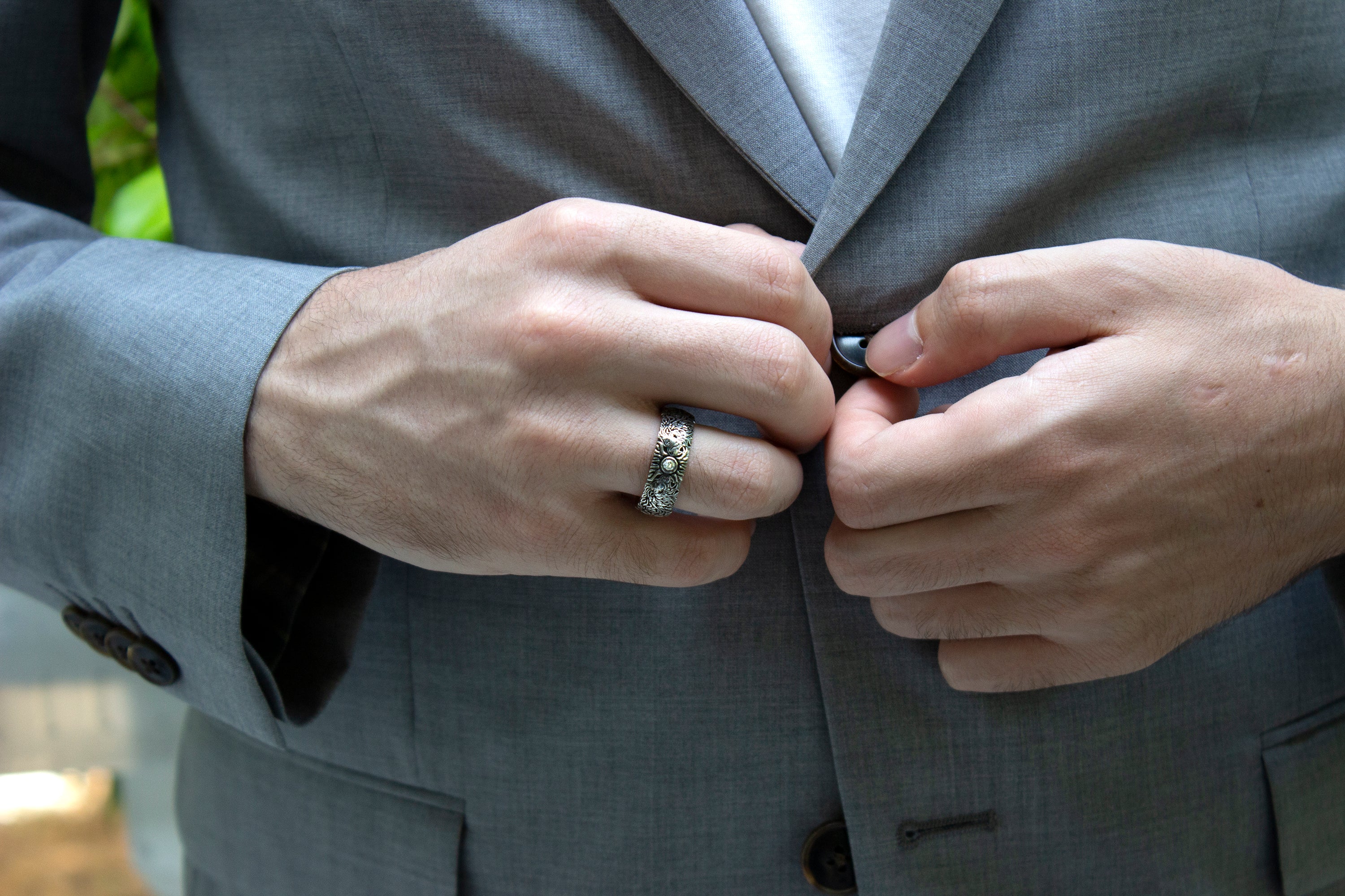 7mm Custom Made, Dome Shaped Silver Ring with Medieval Inspired Engravings, 2 Lion Heads and Center Round Shaped Diamond - Image 8