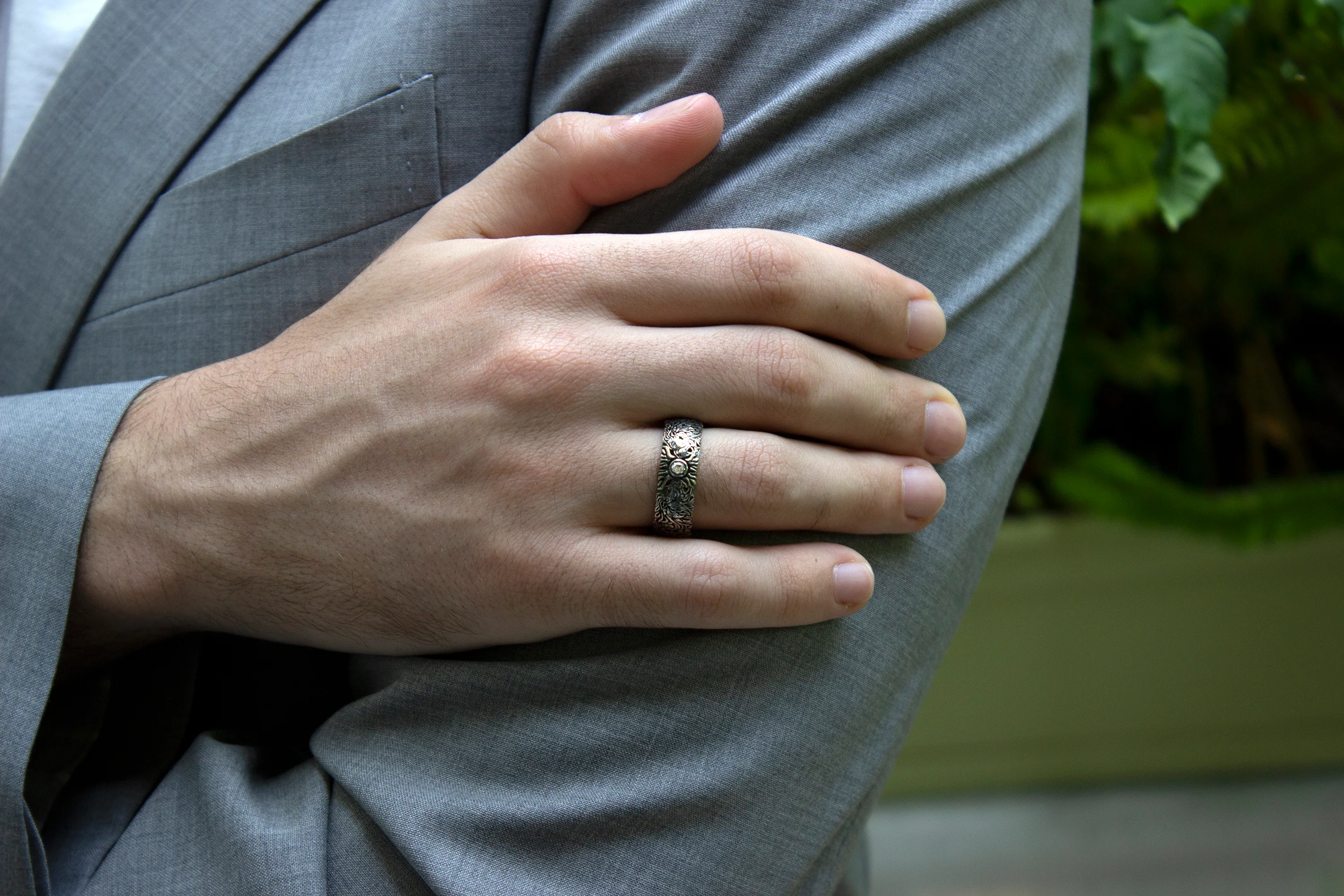 7mm Custom Made, Dome Shaped Silver Ring with Medieval Inspired Engravings, 2 Lion Heads and Center Round Shaped Diamond - Image 9