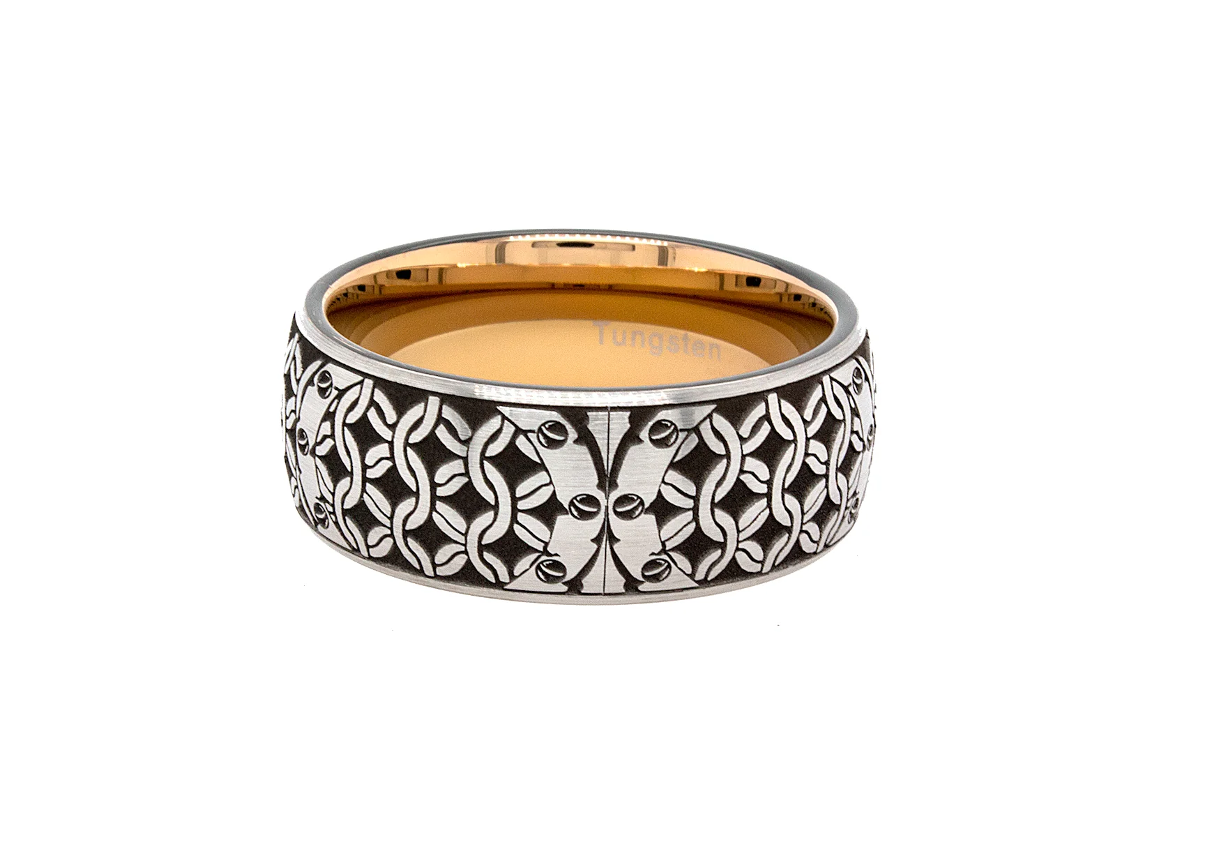 8mm Custom Made Tungsten Ring with Rose Gold Plated Interior, Personalized Engraved Initials and Victorian Style Designs - Image 6