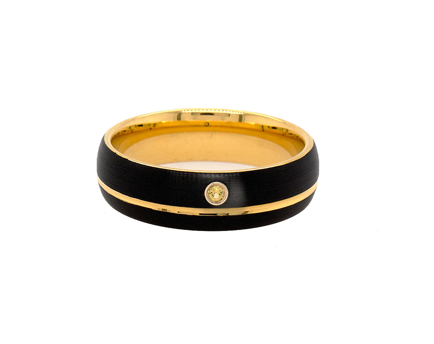 7mm, Custom Made, Dome Shaped, Tungsten Ring with Black Exterior, Yellow Gold Plated Interior and Round Cut Citrine - Image 3