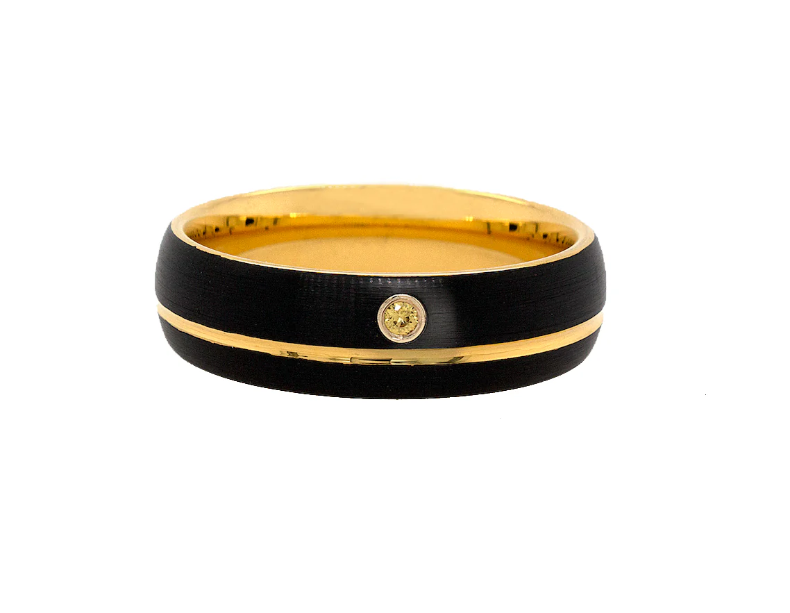 7mm, Custom Made, Dome Shaped, Tungsten Ring with Black Exterior, Yellow Gold Plated Interior and Round Cut Citrine - Image 4