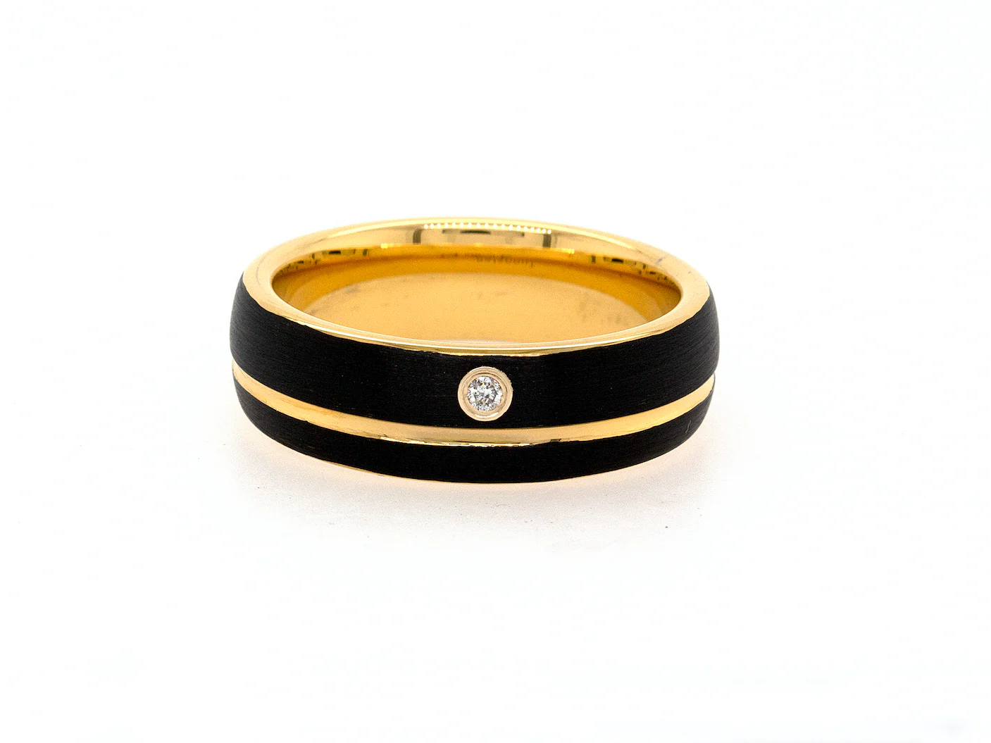 7mm, Custom Made, Dome Shaped, Tungsten with Black Exterior, Yellow Gold Interior and Center Diamond - Image 3