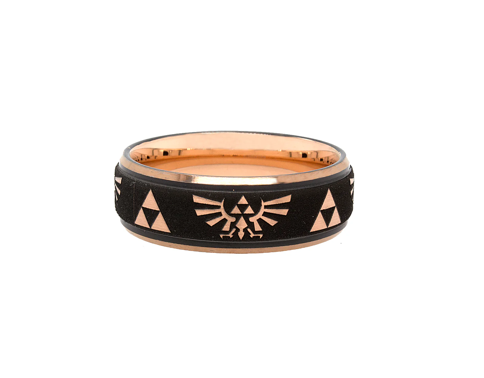 8mm Black and Rose Gold Plated Tungsten Ring with Custom Triforce Engraving and Stepped Edges - Image 3