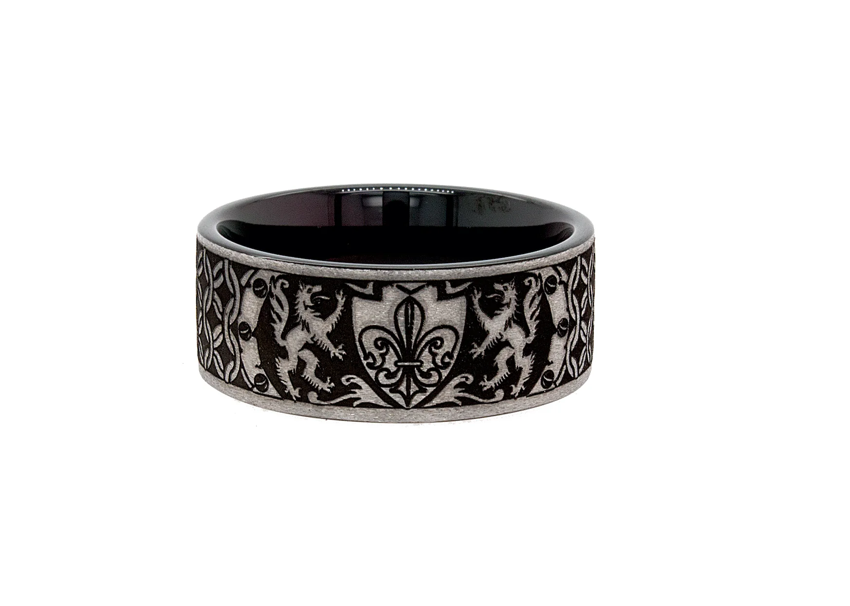 8mm Custom Made, Black Plated Tungsten Ring with Family Crest and Victorian Designs - Image 3