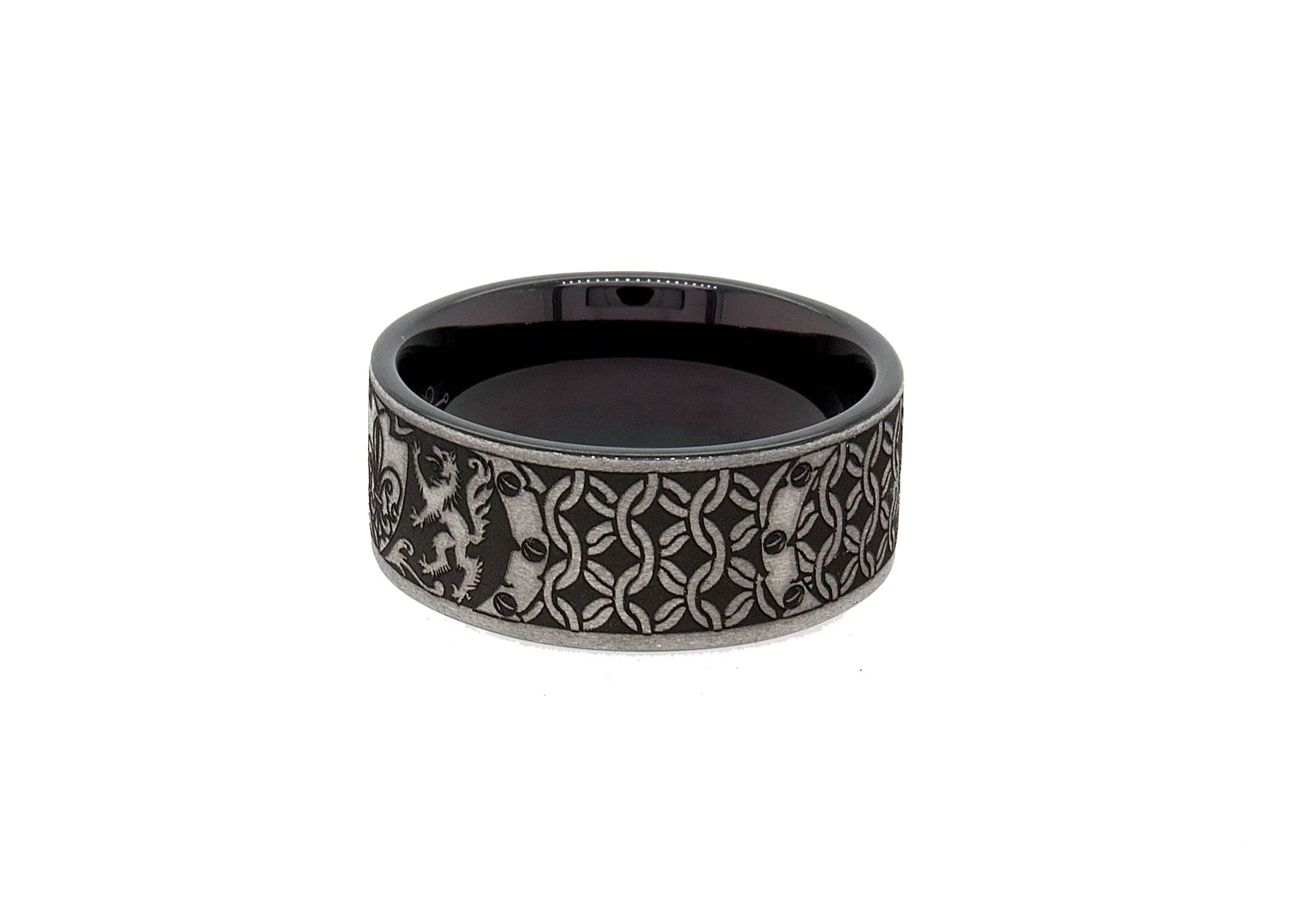 8mm Custom Made, Black Plated Tungsten Ring with Family Crest and Victorian Designs - Image 5