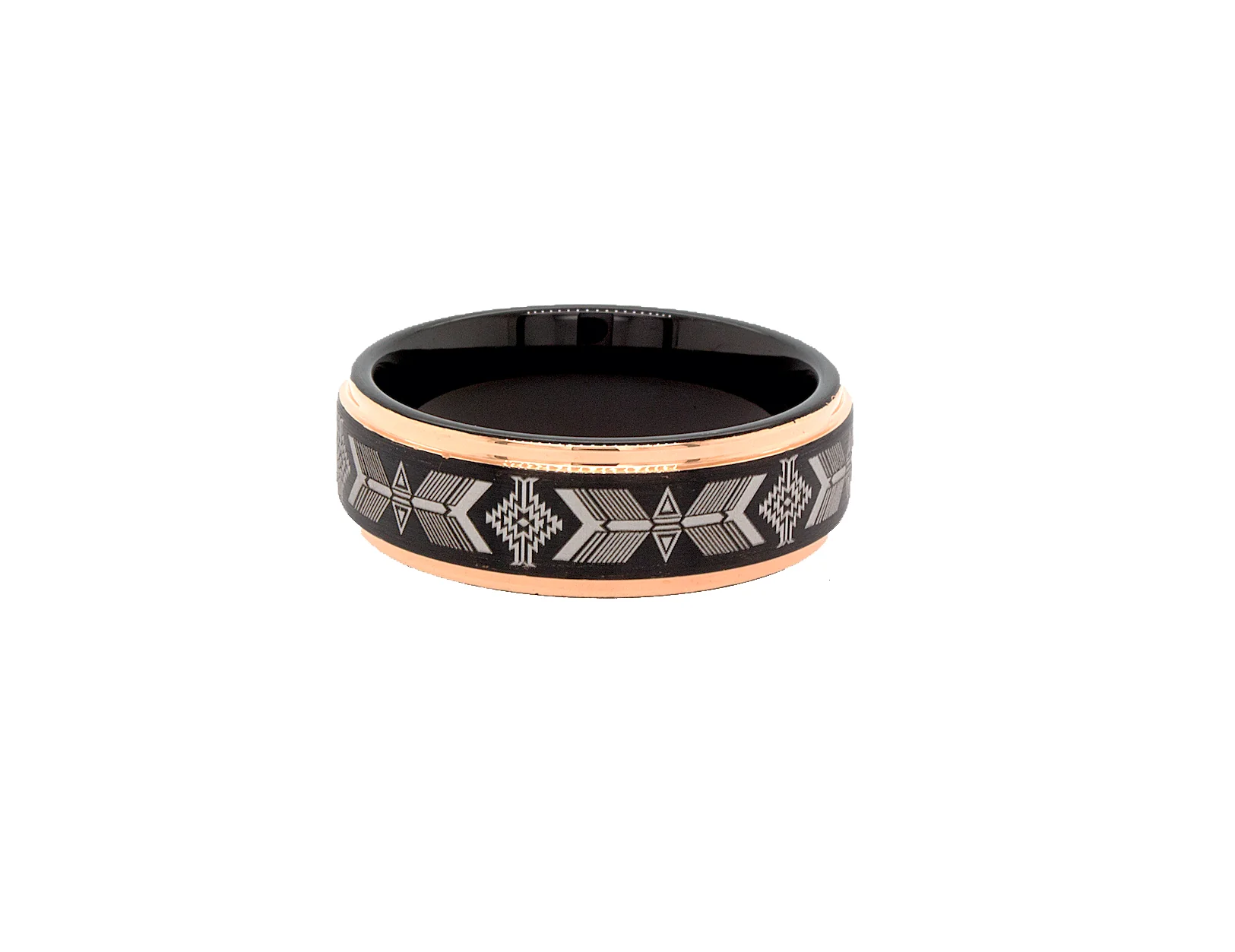 8mm, Custom Made, Black Plated Tungsten Ring with Rose Gold Stepped Edges and Native American Designs - Image 3
