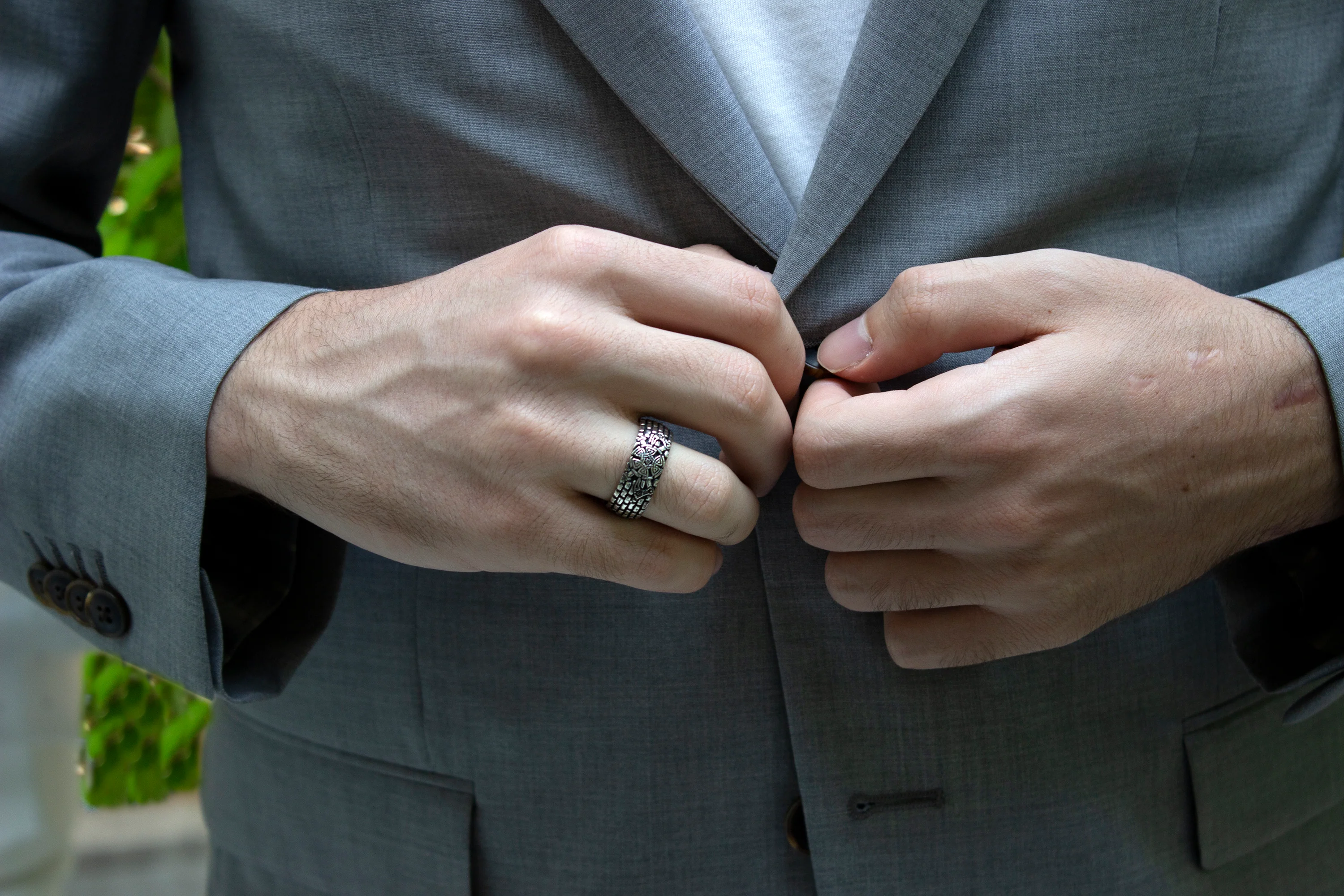 8mm, Custom Made, Dome Shaped Silver Ring with Brick Pattern, Viking Shield and Swords - Image 7