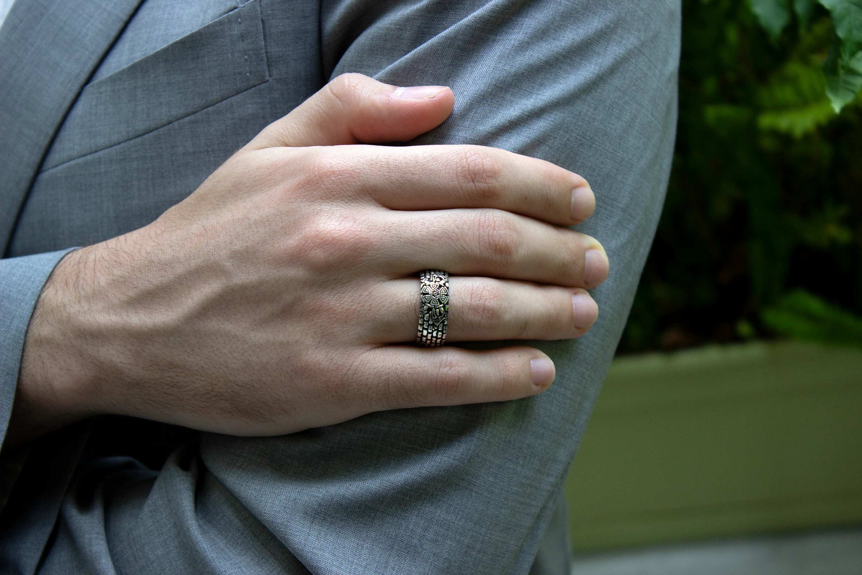 8mm, Custom Made, Dome Shaped Silver Ring with Brick Pattern, Viking Shield and Swords - Image 8