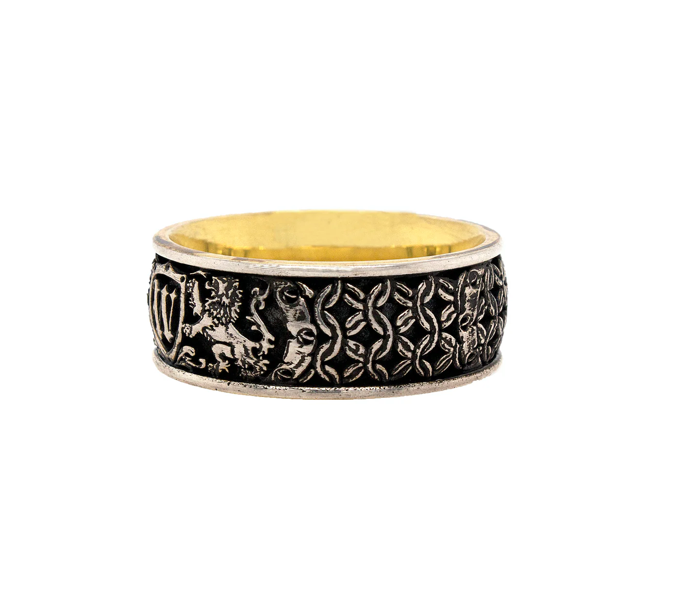 8mm Custom Made, Dome Shaped Silver Ring with Yellow Gold Plated Interior, Medieval Style Engravings, Shield, Personalized Initial and 2 Lions - Image 4