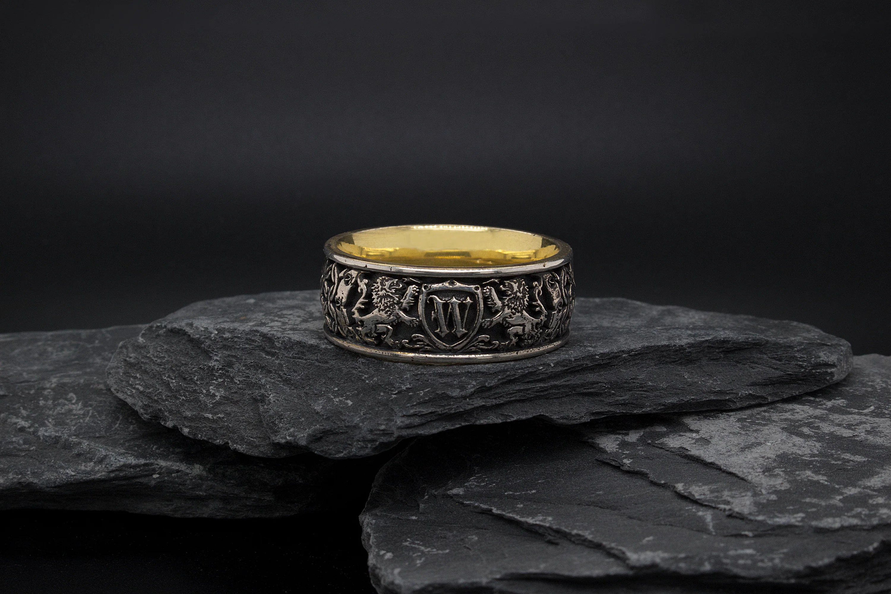 8mm Custom Made, Dome Shaped Silver Ring with Yellow Gold Plated Interior, Medieval Style Engravings, Shield, Personalized Initial and 2 Lions - Image 7