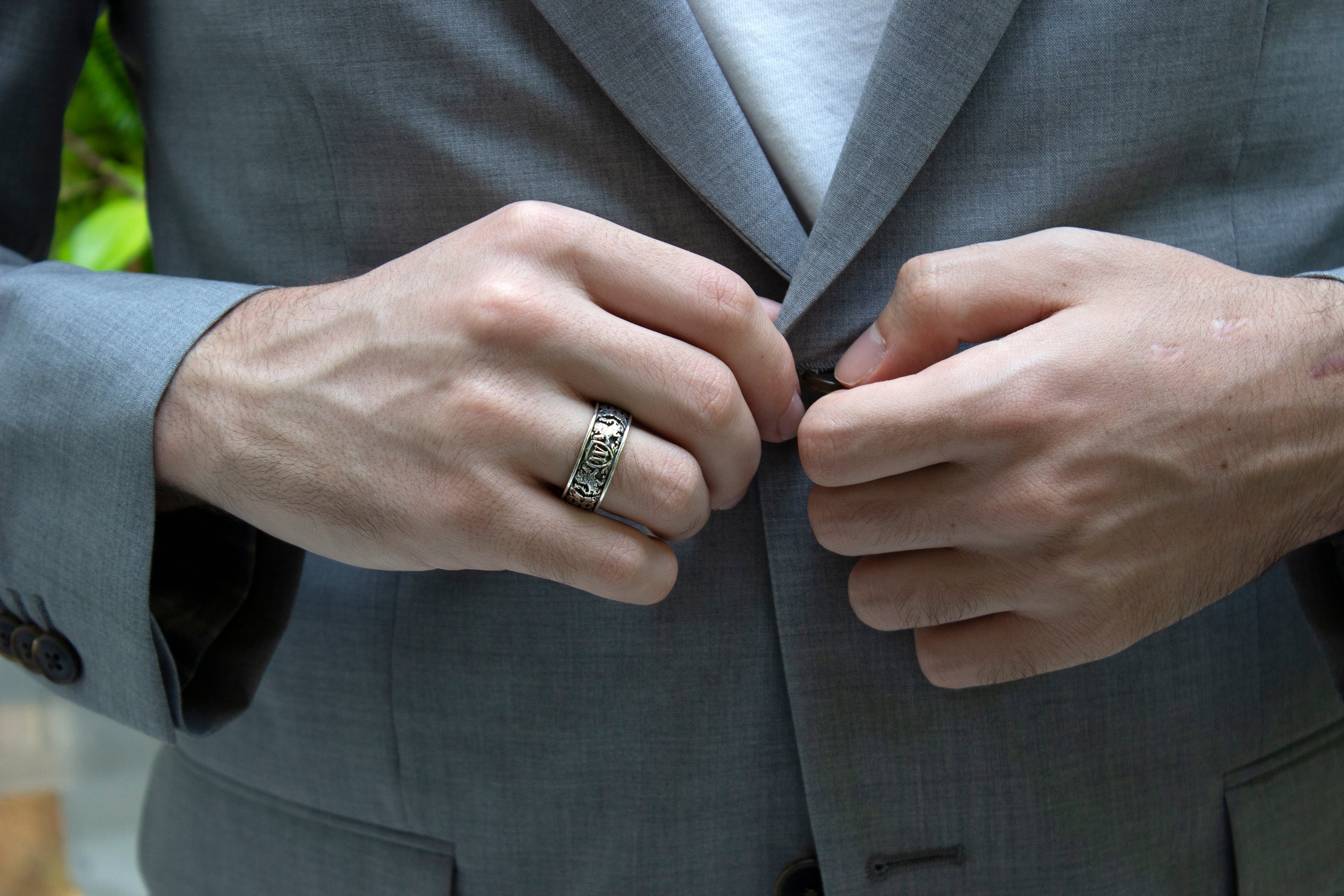 8mm Custom Made, Dome Shaped Silver Ring with Yellow Gold Plated Interior, Medieval Style Engravings, Shield, Personalized Initial and 2 Lions - Image 8