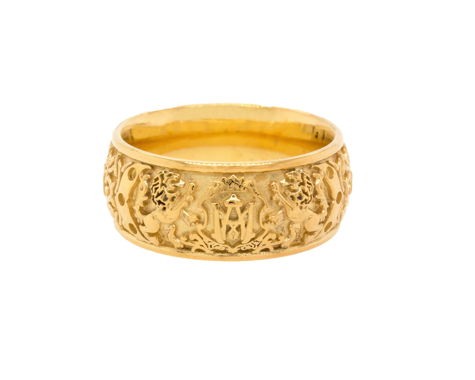 8mm Custom Made Dome Shaped Solid Gold Ring with Medieval Engravings, Monogram and 2 Lions - Image 3
