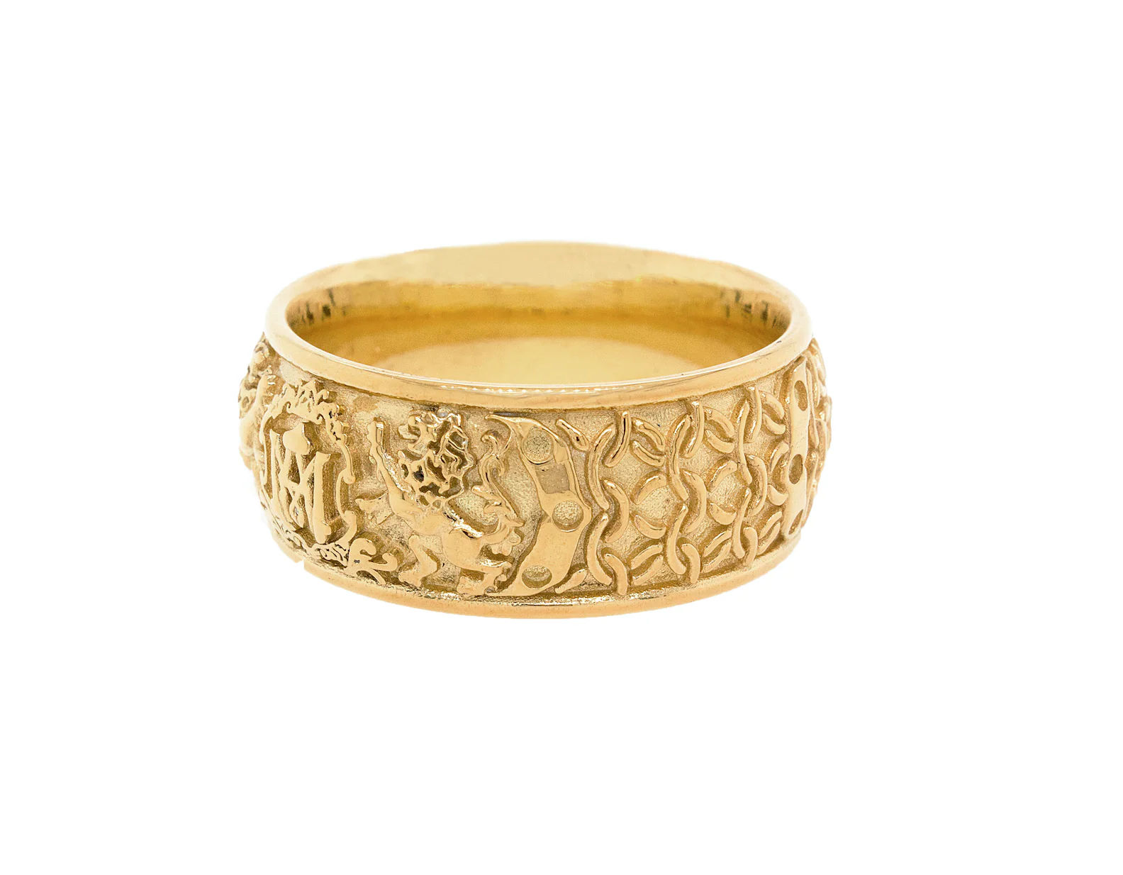8mm Custom Made Dome Shaped Solid Gold Ring with Medieval Engravings, Monogram and 2 Lions - Image 4
