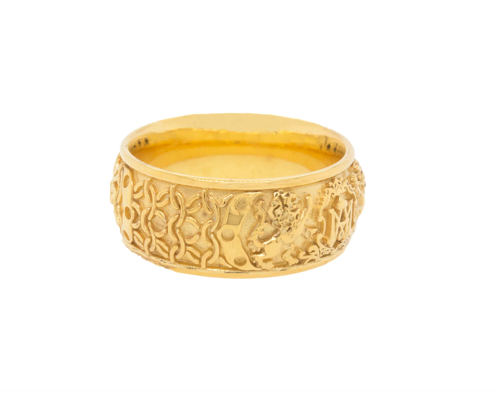 8mm Custom Made Dome Shaped Solid Gold Ring with Medieval Engravings, Monogram and 2 Lions - Image 5