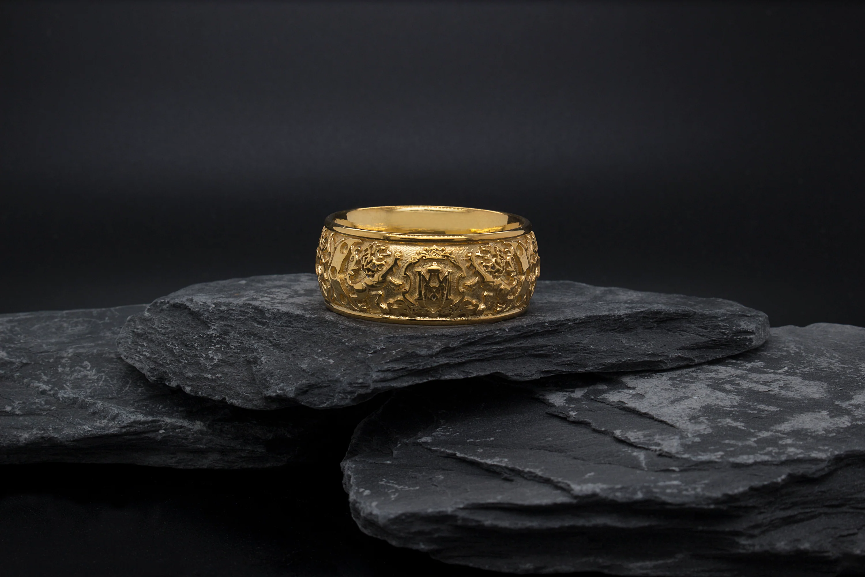 8mm Custom Made Dome Shaped Solid Gold Ring with Medieval Engravings, Monogram and 2 Lions - Image 7