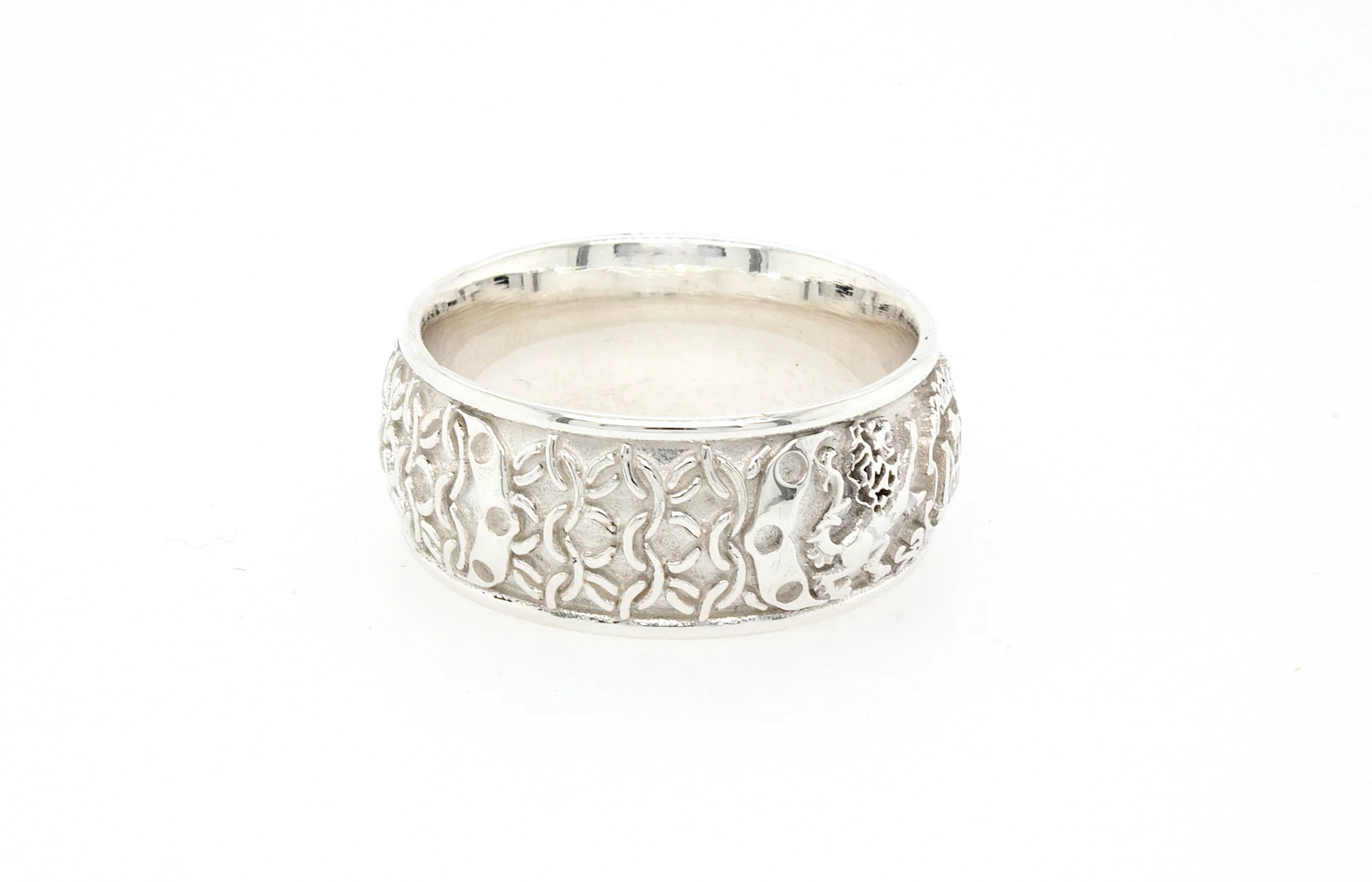 8mm Custom Made Dome Shaped White Gold Ring with Medieval Engravings, Monogram and 2 Lions - Image 3