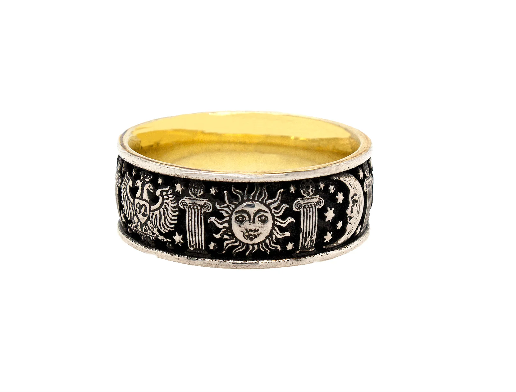 8mm Custom Made, Flat Shaped, Silver Ring with Yellow Gold Plated Interior and Masonic Symbols - Image 4