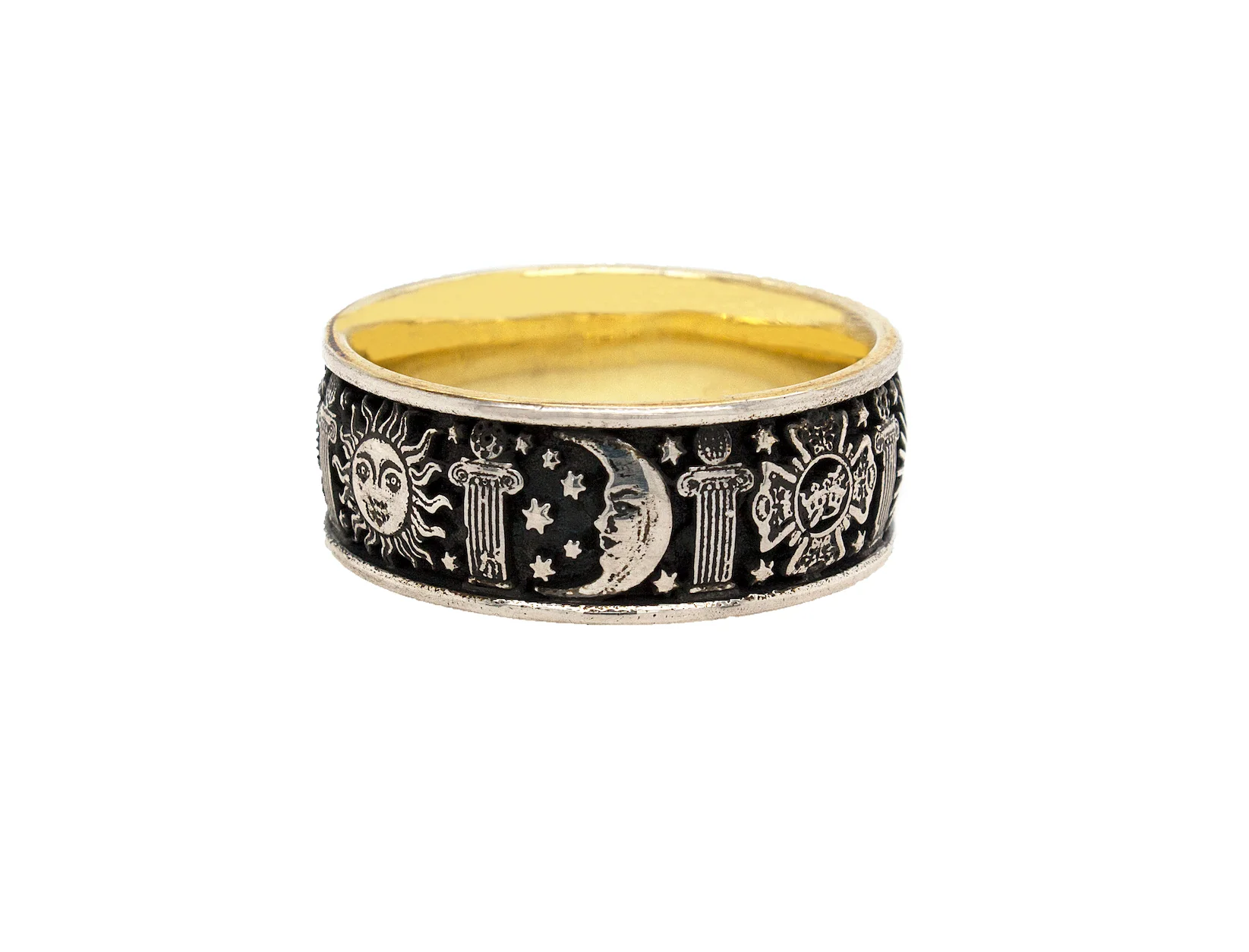 8mm Custom Made, Flat Shaped, Silver Ring with Yellow Gold Plated Interior and Masonic Symbols - Image 5