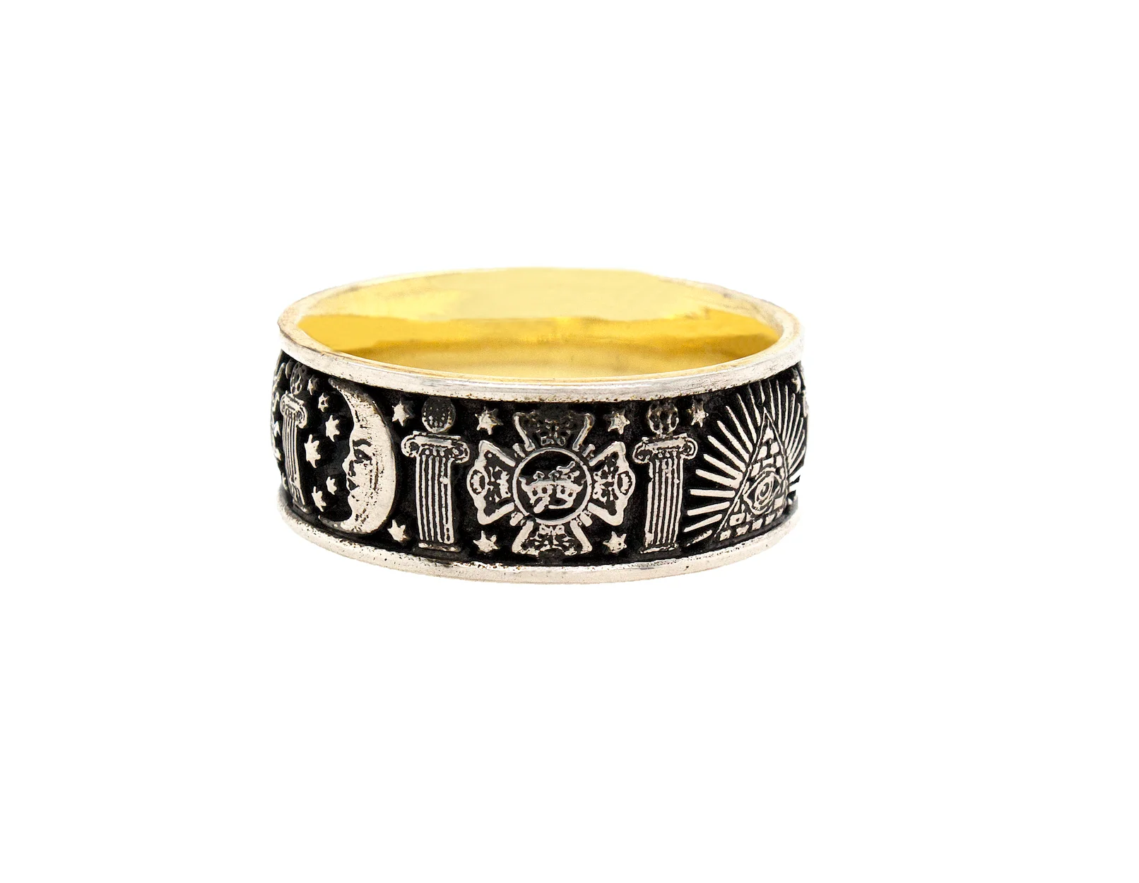 8mm Custom Made, Flat Shaped, Silver Ring with Yellow Gold Plated Interior and Masonic Symbols - Image 6