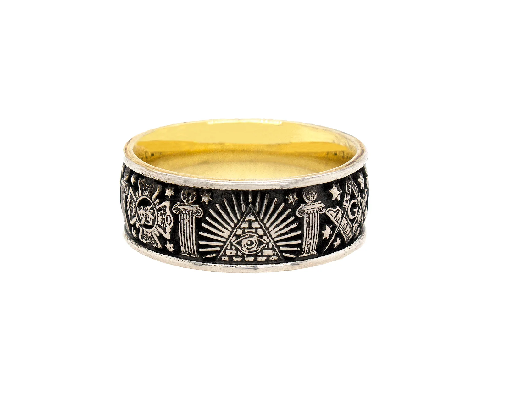 8mm Custom Made, Flat Shaped, Silver Ring with Yellow Gold Plated Interior and Masonic Symbols - Image 7
