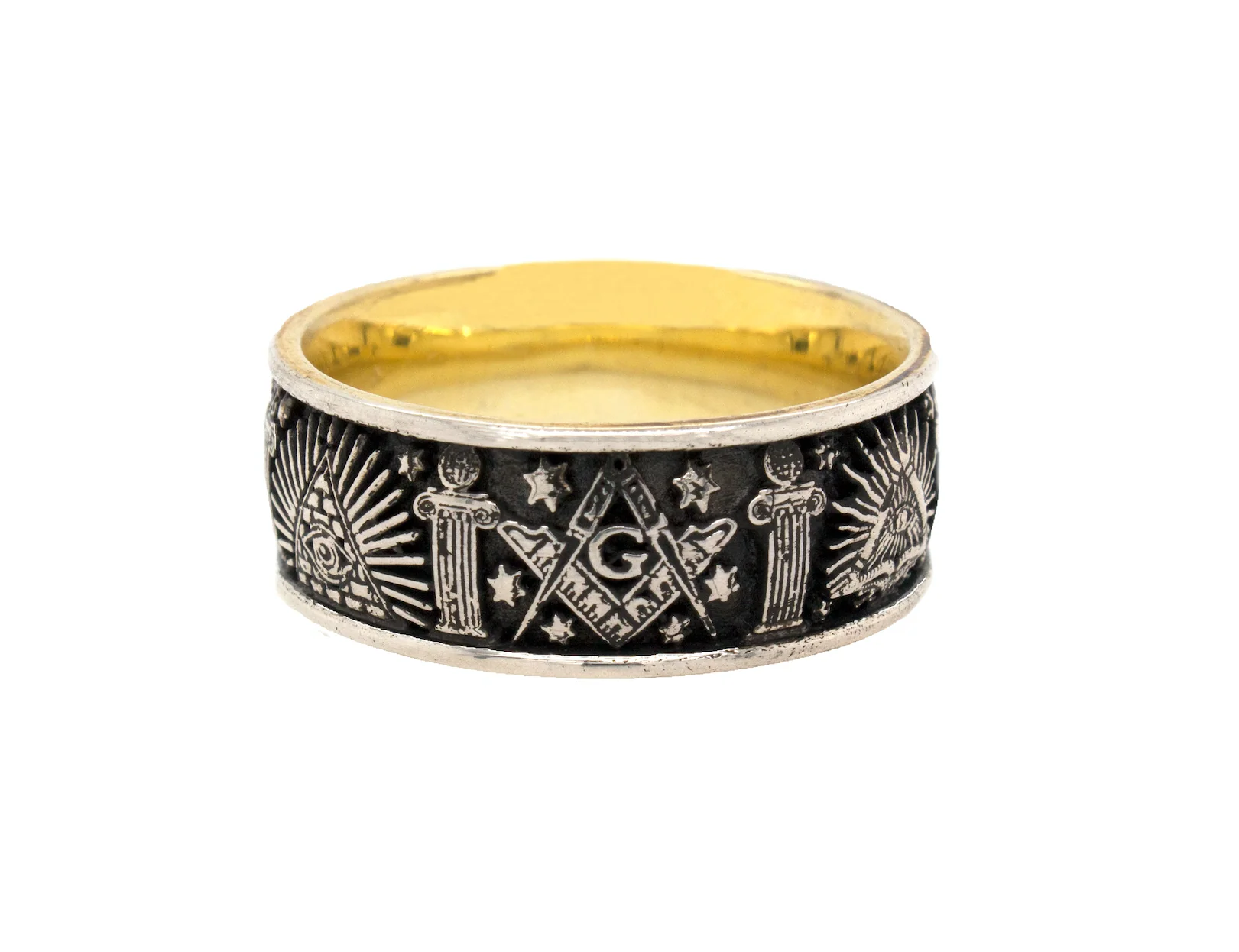 8mm Custom Made, Flat Shaped, Silver Ring with Yellow Gold Plated Interior and Masonic Symbols - Image 8