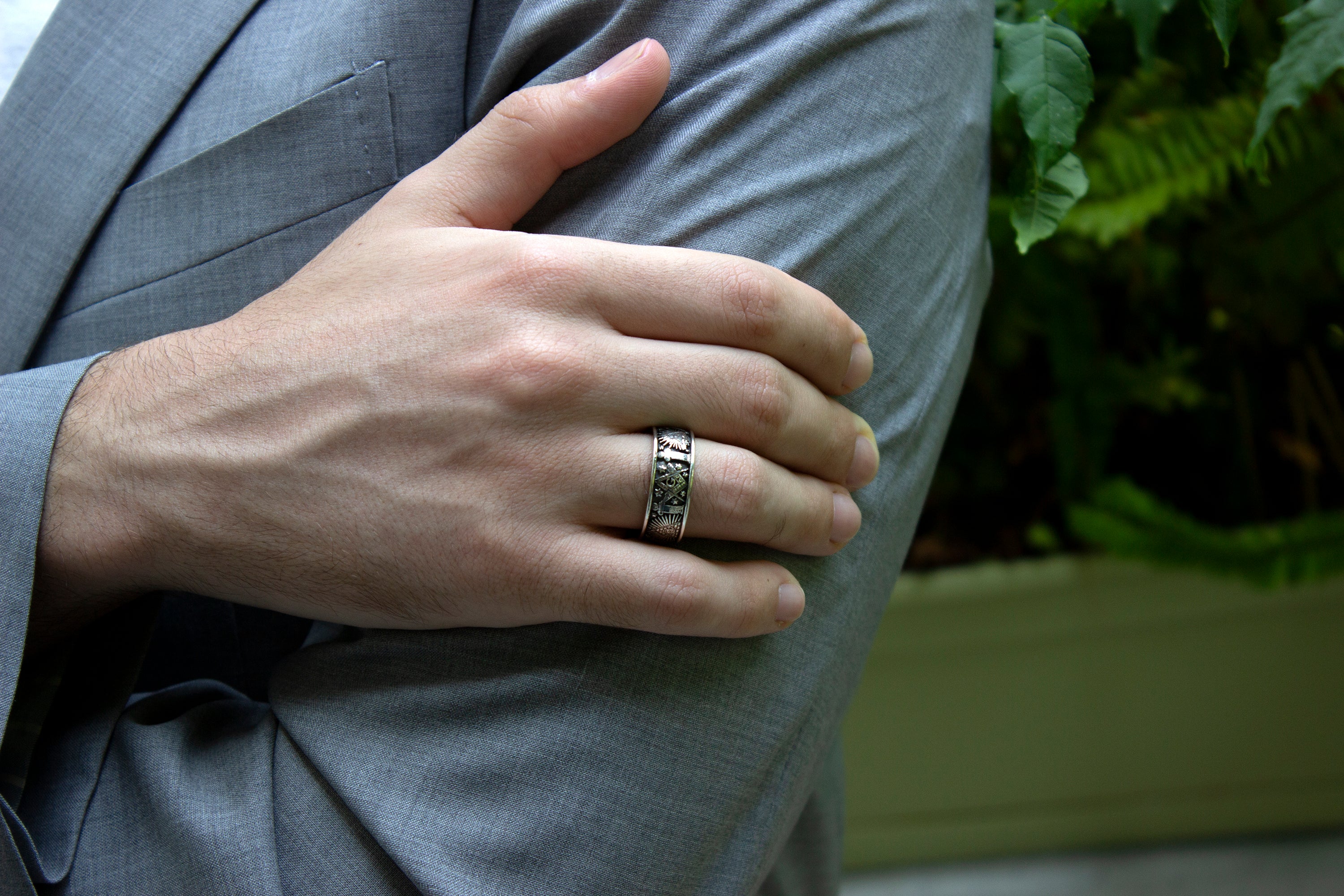 8mm Custom Made, Flat Shaped, Silver Ring with Yellow Gold Plated Interior and Masonic Symbols - Image 9