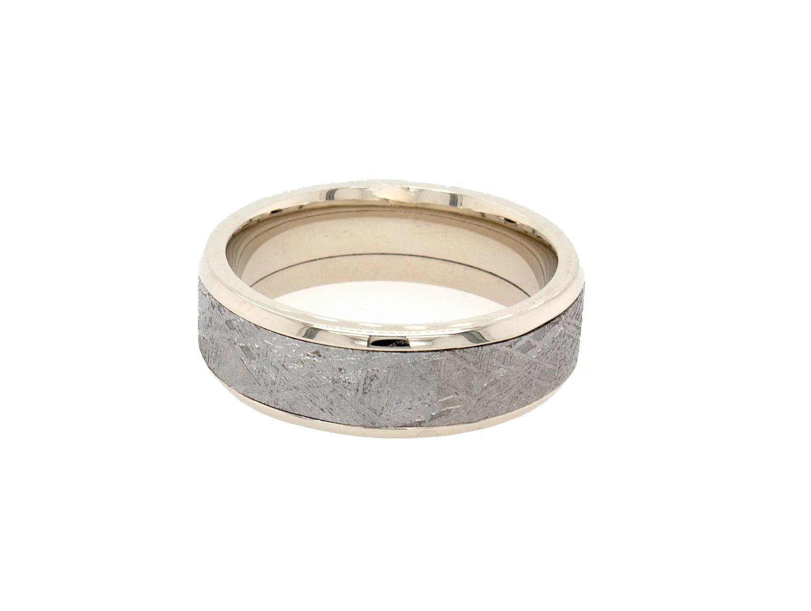 8mm Custom Made Flat Shaped Solid White Gold Ring with Genuine Meteorite Inlay - Image 3