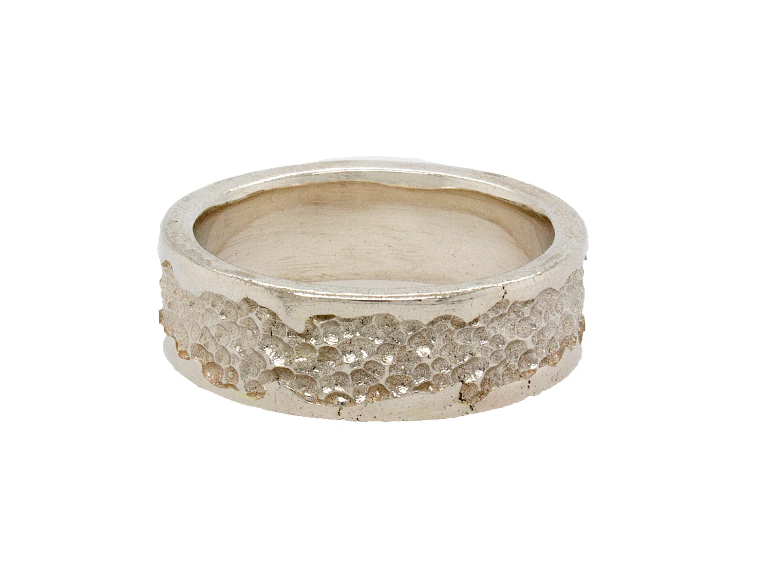 8mm Custom Made Flat Shaped Solid White Gold Ring with Hammered Texture and Rough Cut Salt and Pepper Diamond - Image 3