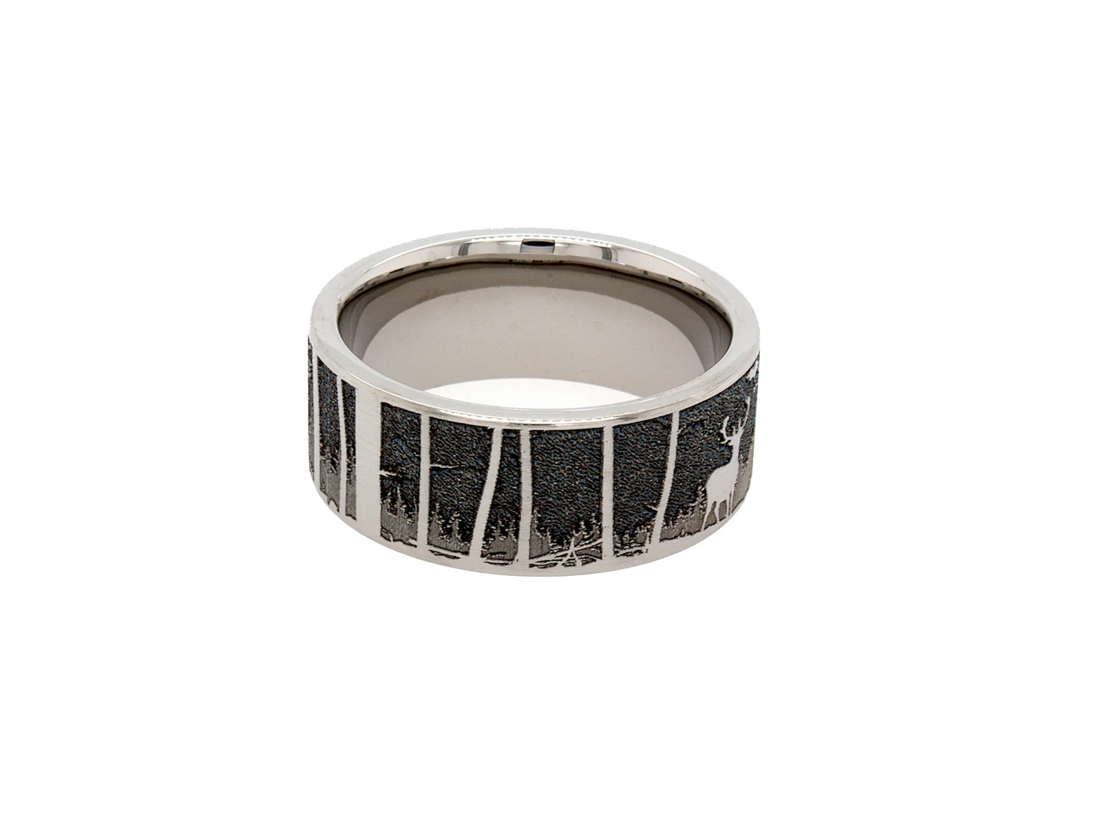8mm Custom Made Flat Shaped Titanium Ring with Forest Scene Engravings - Image 3