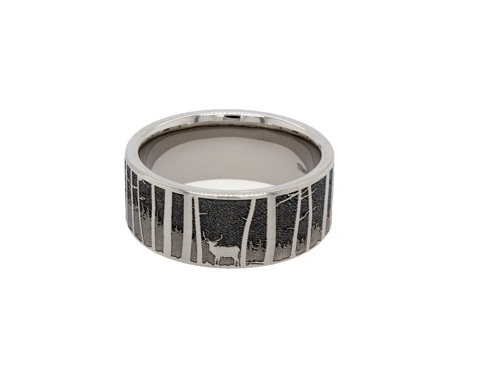 8mm Custom Made Flat Shaped Titanium Ring with Forest Scene Engravings - Image 4