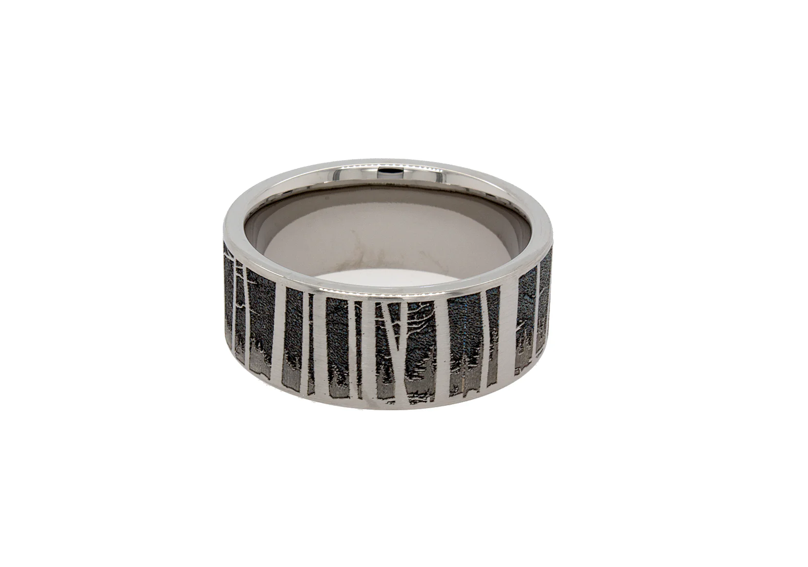 8mm Custom Made Flat Shaped Titanium Ring with Forest Scene Engravings - Image 6