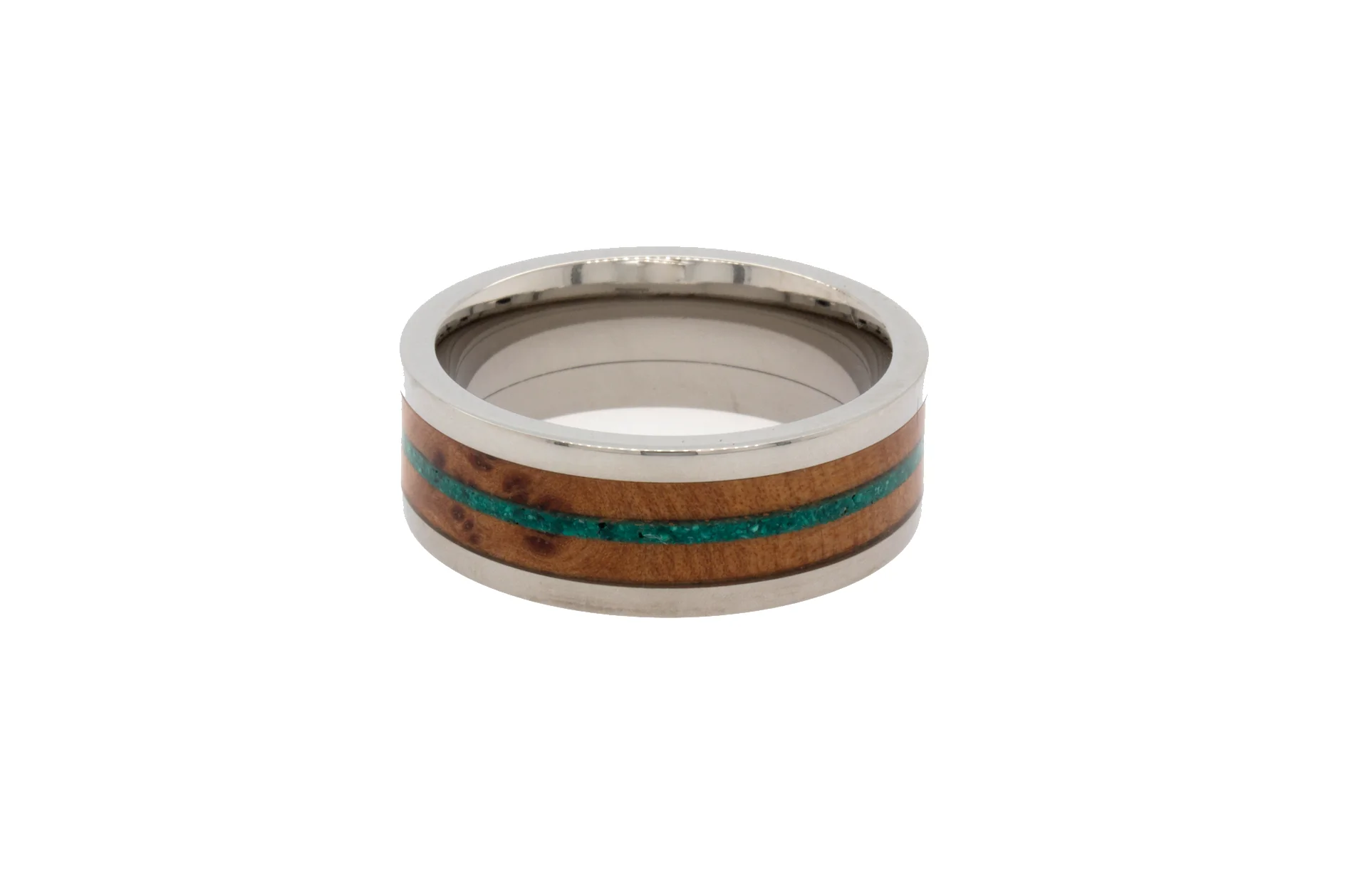 8mm Custom Made Flat Shaped Titanium Ring with Wooden Inlay and Green Malachite Line in the Center - Image 3