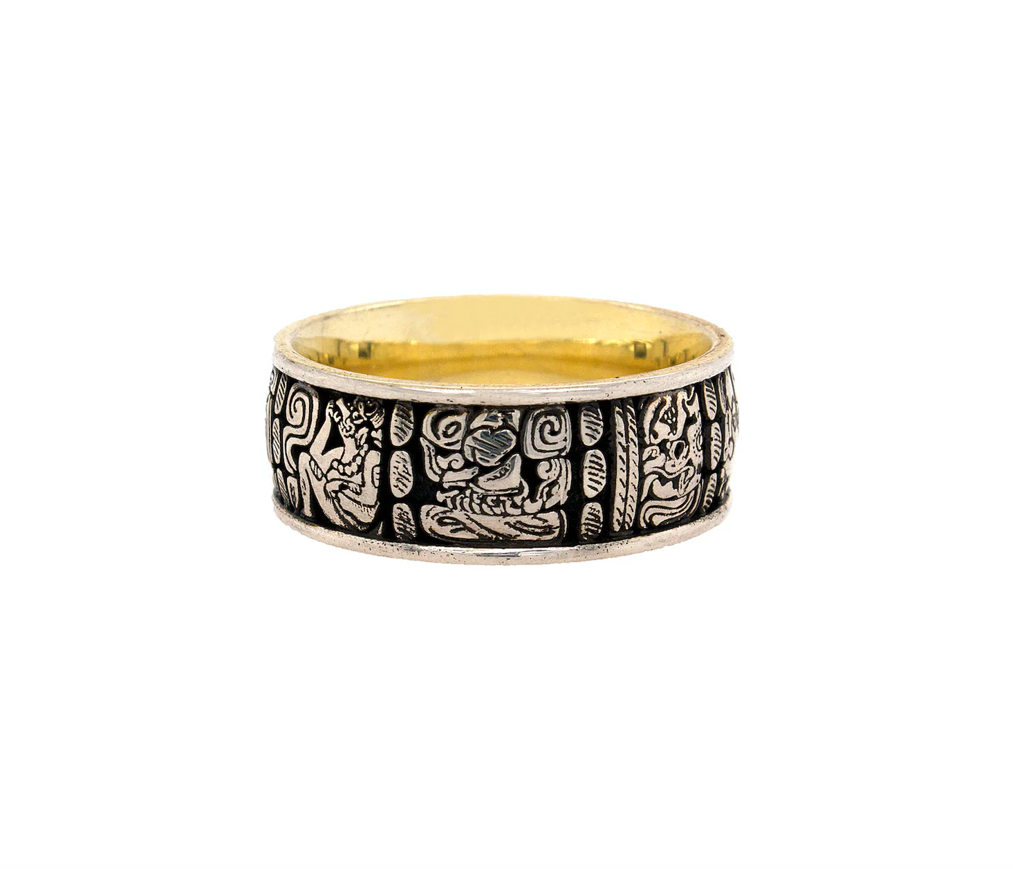 8mm, Custom Made Silver Ring with Yellow Gold Plated Interior and Mayan Inspired Symbols - Image 4