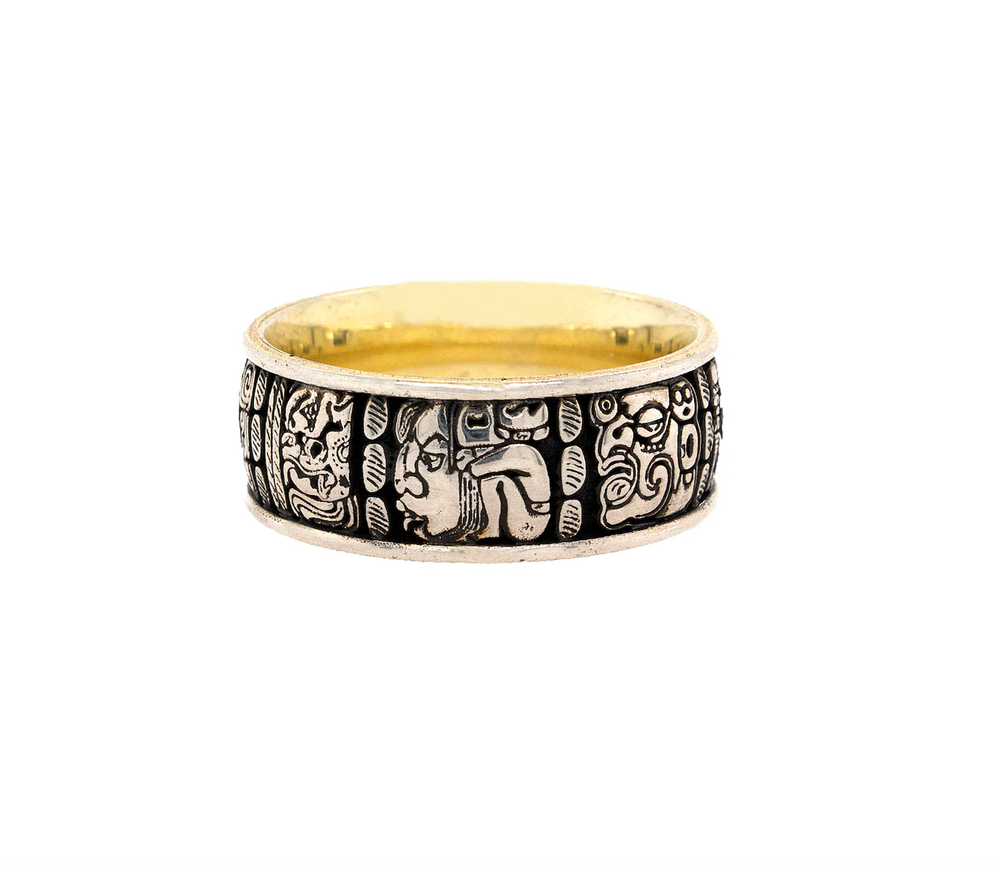 8mm, Custom Made Silver Ring with Yellow Gold Plated Interior and Mayan Inspired Symbols - Image 5