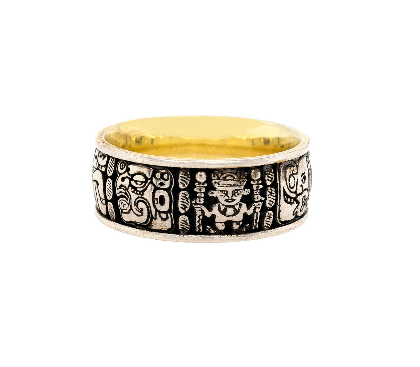 8mm, Custom Made Silver Ring with Yellow Gold Plated Interior and Mayan Inspired Symbols - Image 6
