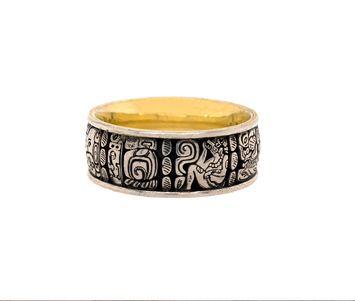 8mm, Custom Made Silver Ring with Yellow Gold Plated Interior and Mayan Inspired Symbols - Image 7