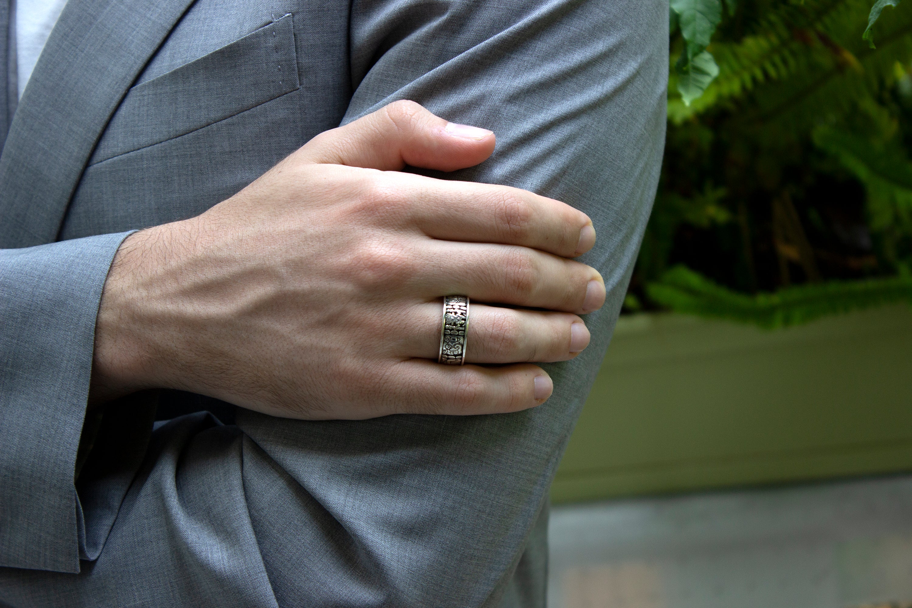 8mm, Custom Made Silver Ring with Yellow Gold Plated Interior and Mayan Inspired Symbols - Image 9