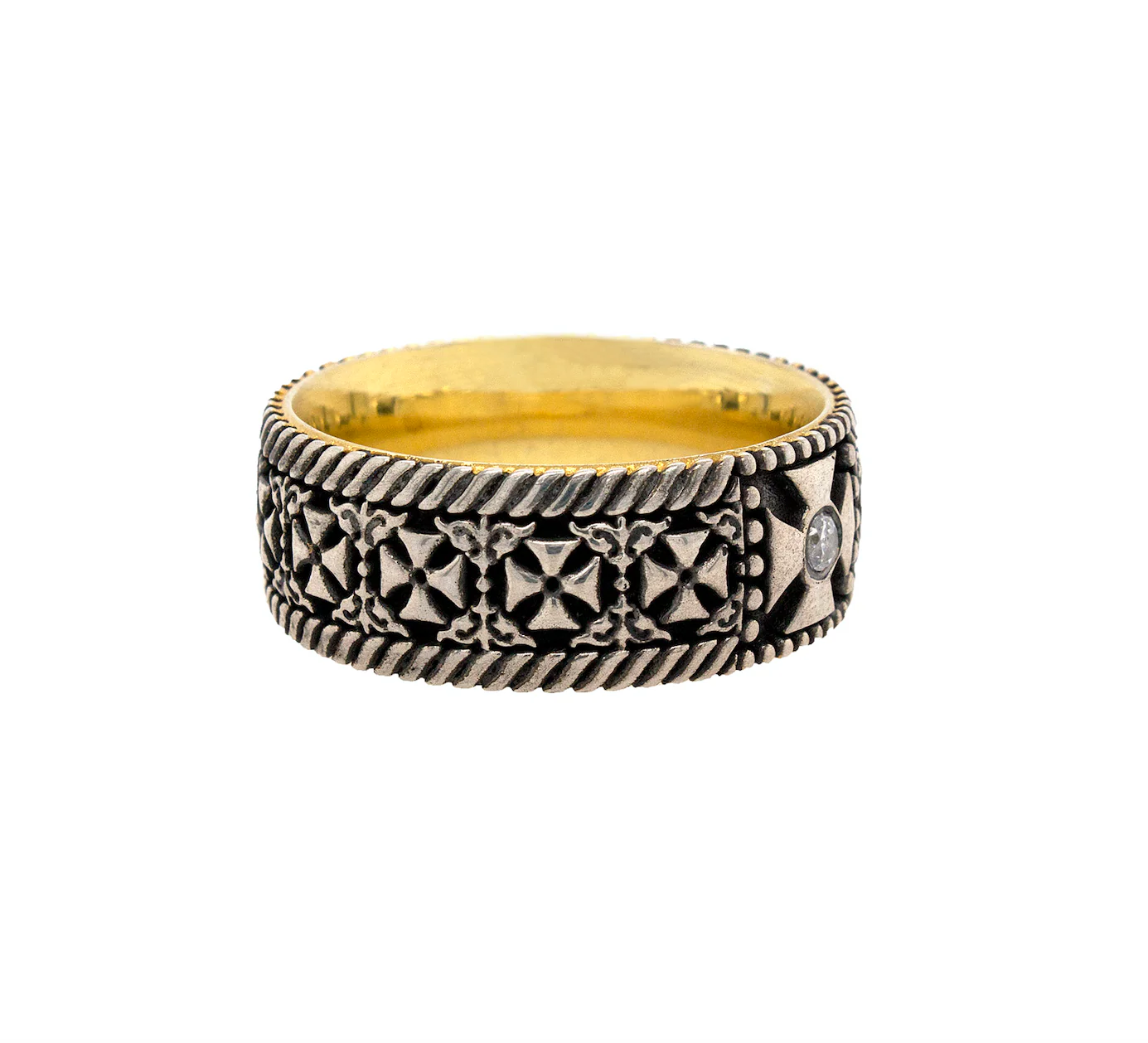 8mm Custom Made, Silver Ring with Yellow Gold Plated Interior, Celtic Crosses and Diamond - Image 5
