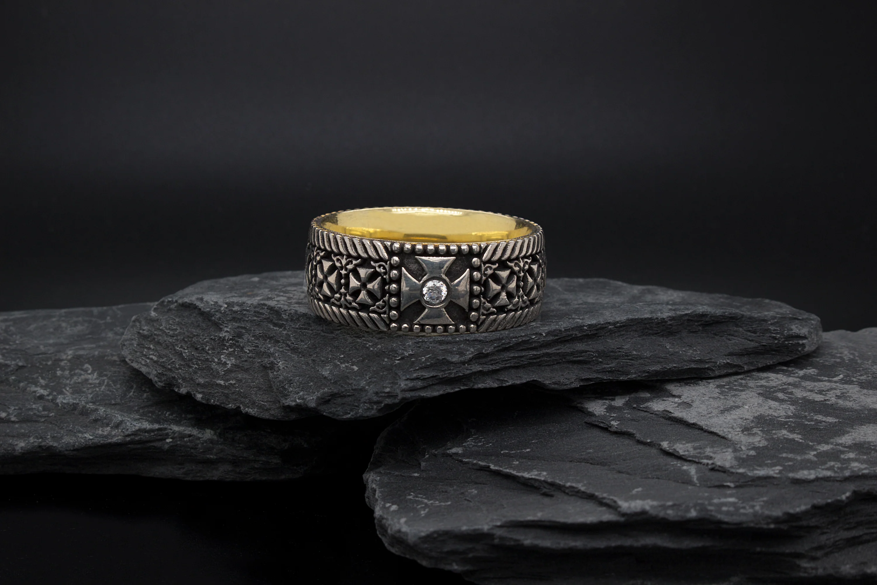 8mm Custom Made, Silver Ring with Yellow Gold Plated Interior, Celtic Crosses and Diamond - Image 6