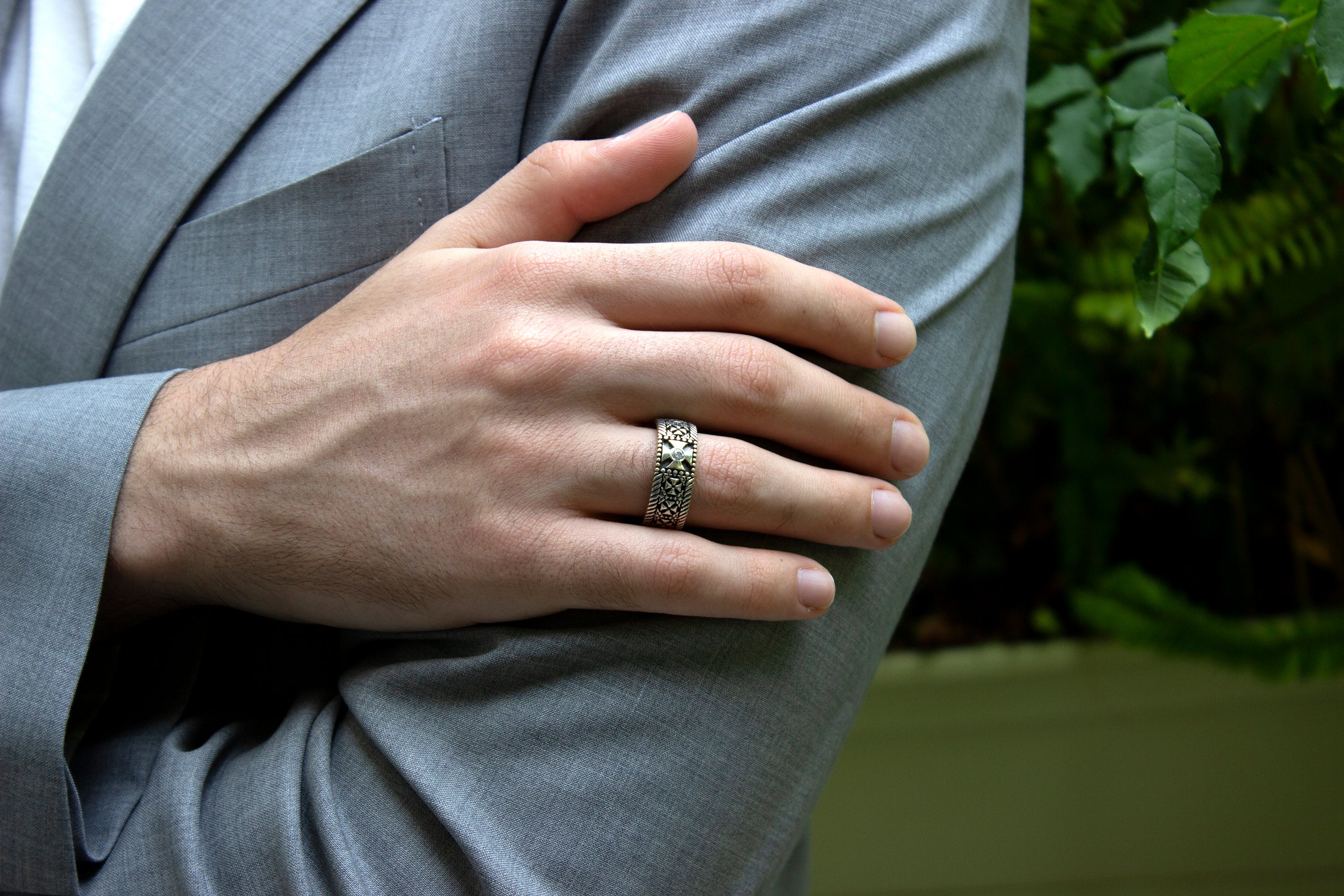 8mm Custom Made, Silver Ring with Yellow Gold Plated Interior, Celtic Crosses and Diamond - Image 8