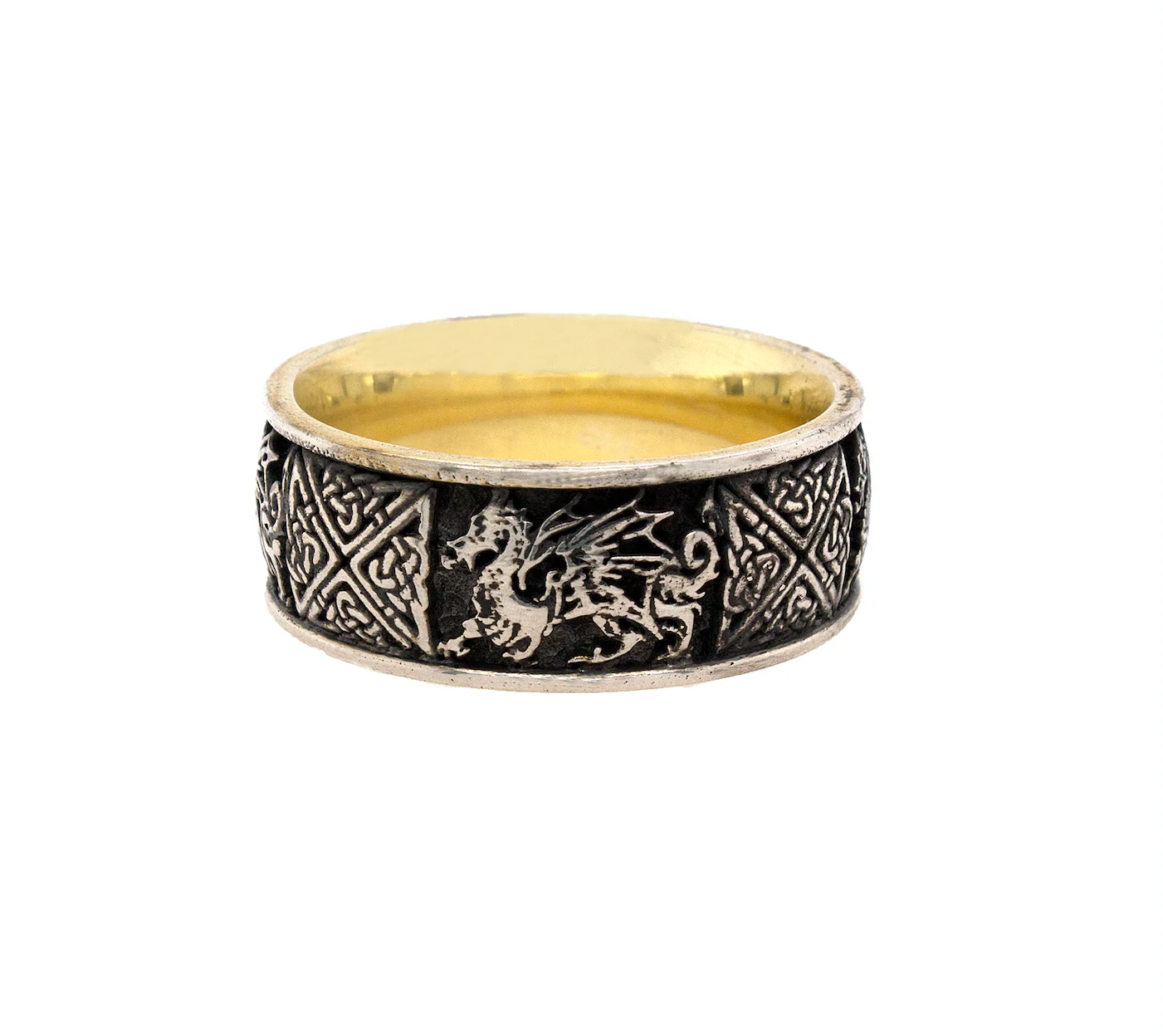 8mm Custom Made Silver Ring with Yellow Gold Plated Interior, Celtic Knots Designs and Dragons - Image 3