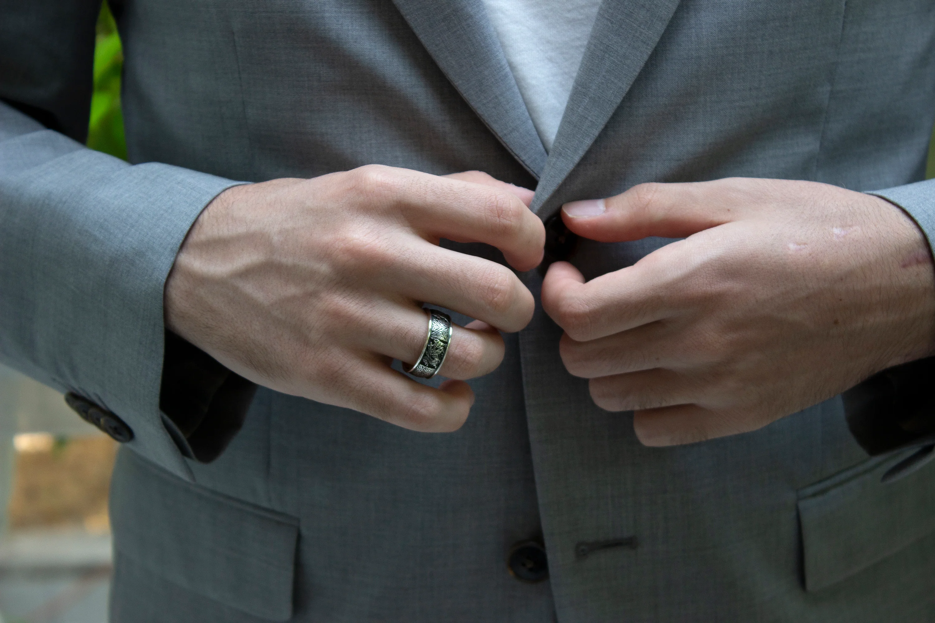8mm Custom Made Silver Ring with Yellow Gold Plated Interior, Celtic Knots Designs and Dragons - Image 4