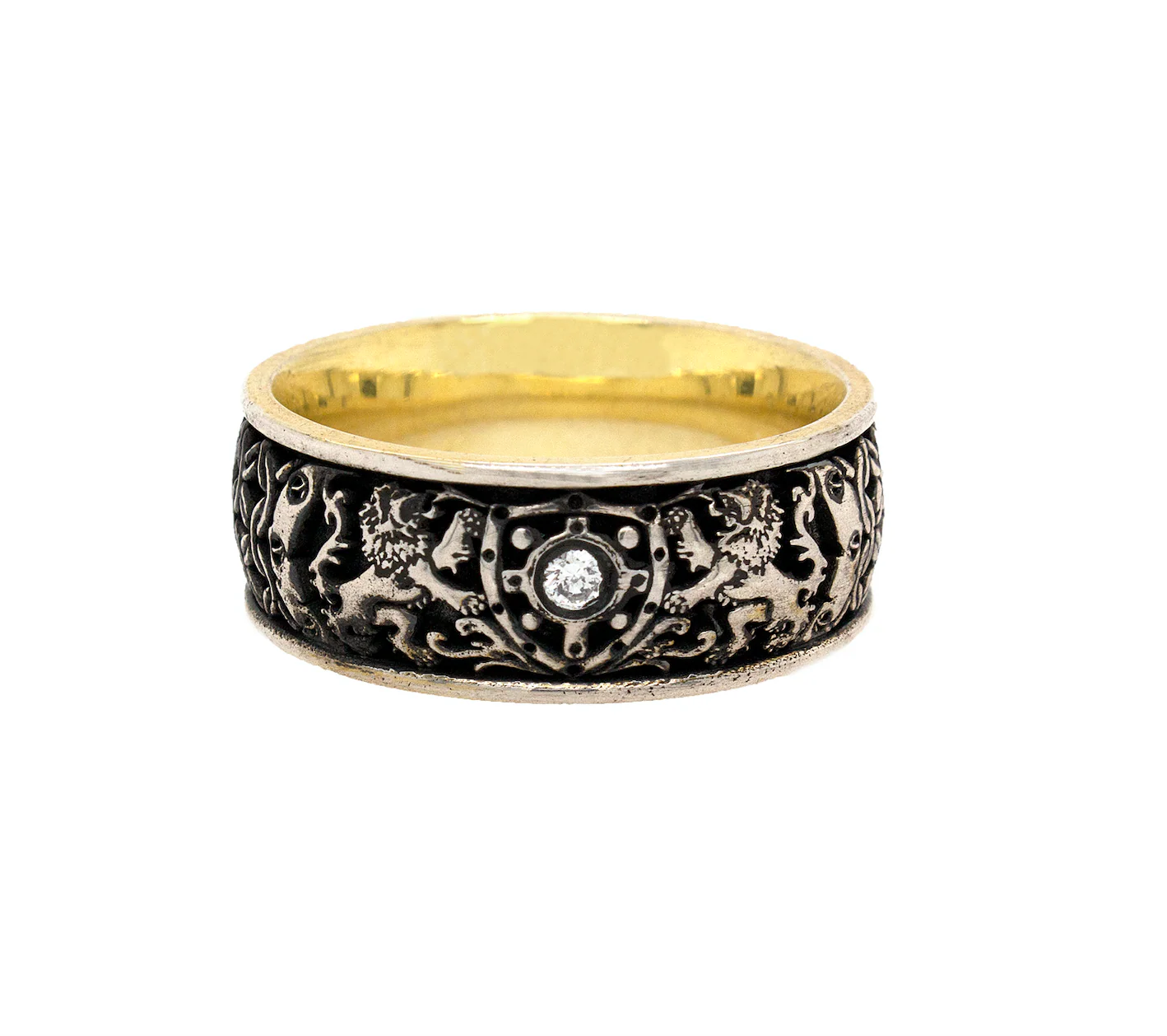 8mm Custom Made Silver Ring with Yellow Gold Plated Interior, Medieval Style Designs, 2 Lions, Shield and Center Diamond - Image 3