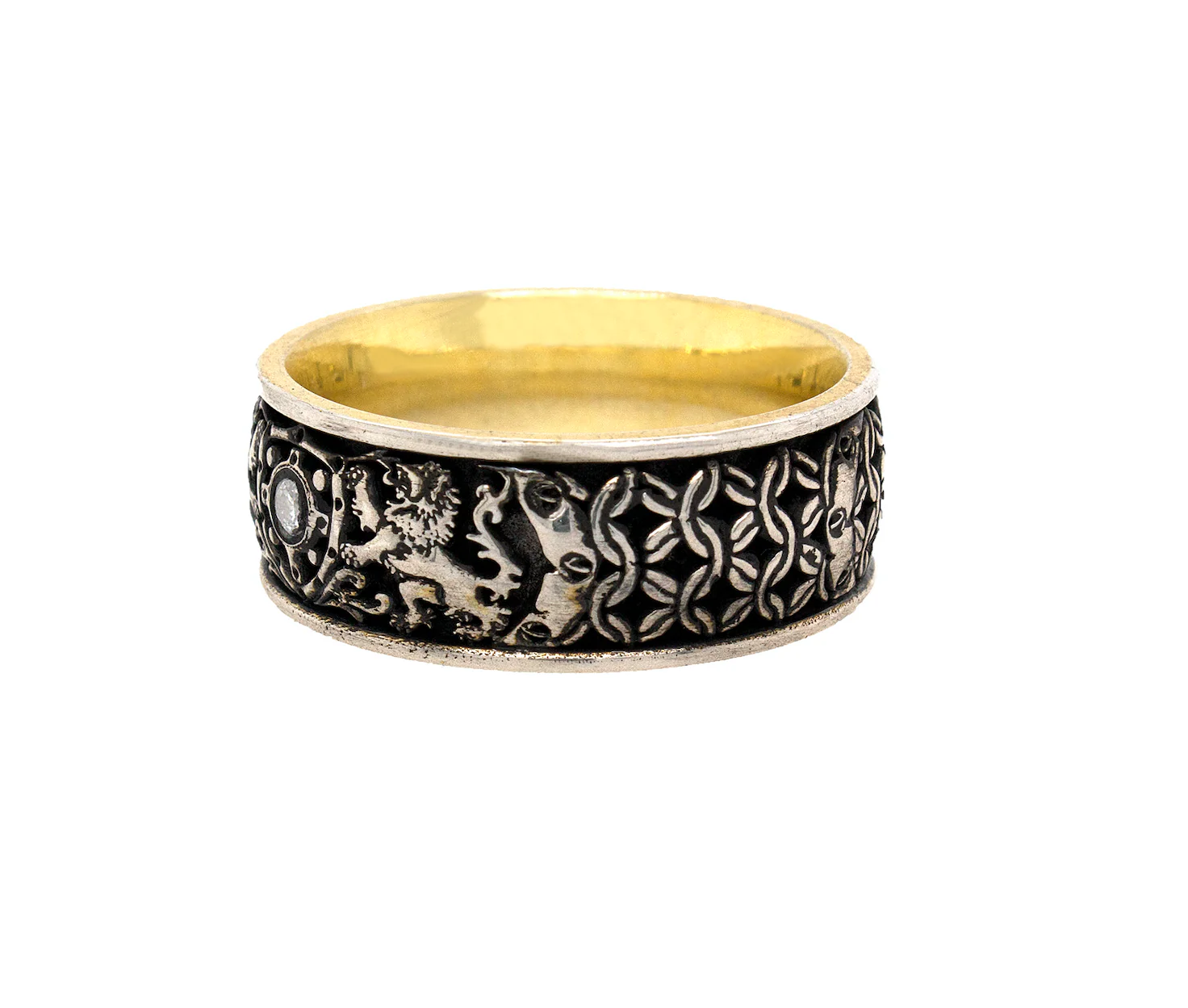 8mm Custom Made Silver Ring with Yellow Gold Plated Interior, Medieval Style Designs, 2 Lions, Shield and Center Diamond - Image 4